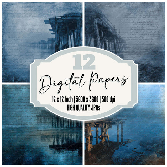 Old Abandoned Pier Night Scene digital paper pack designed for background pages in junk journaling and paper craft projects