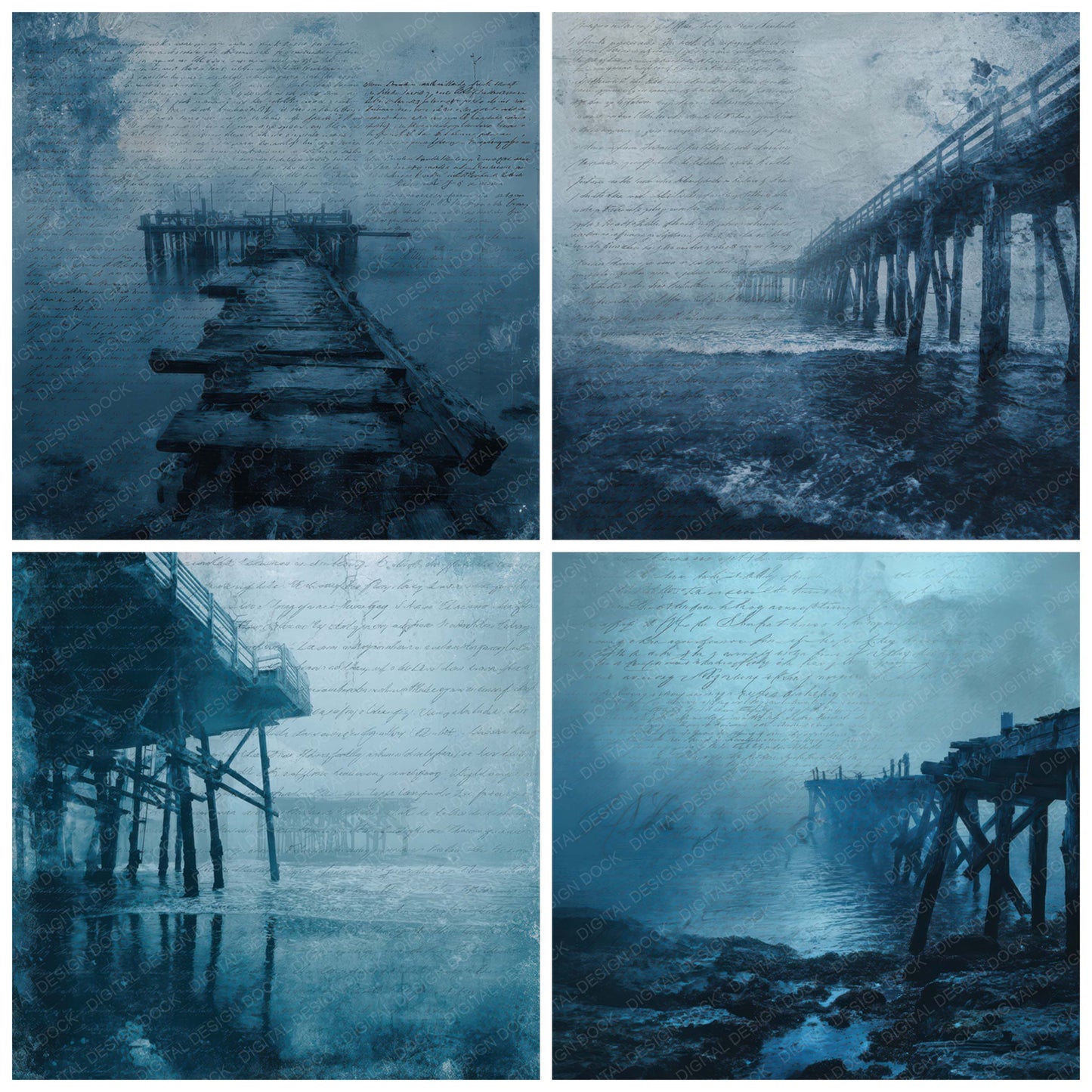 Preview layout showing Old Abandoned Pier Night Scene papers arranged as background pages for junk journals and mixed media crafts