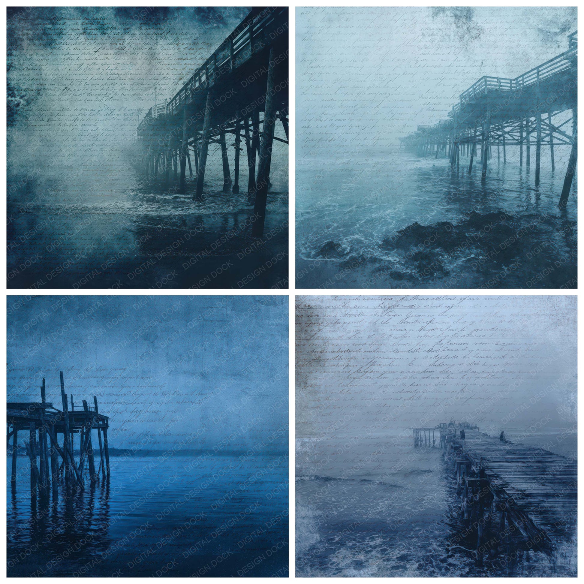 Close view of Old Abandoned Pier Night Scene background papers highlighting collage composition and cohesive colour tones