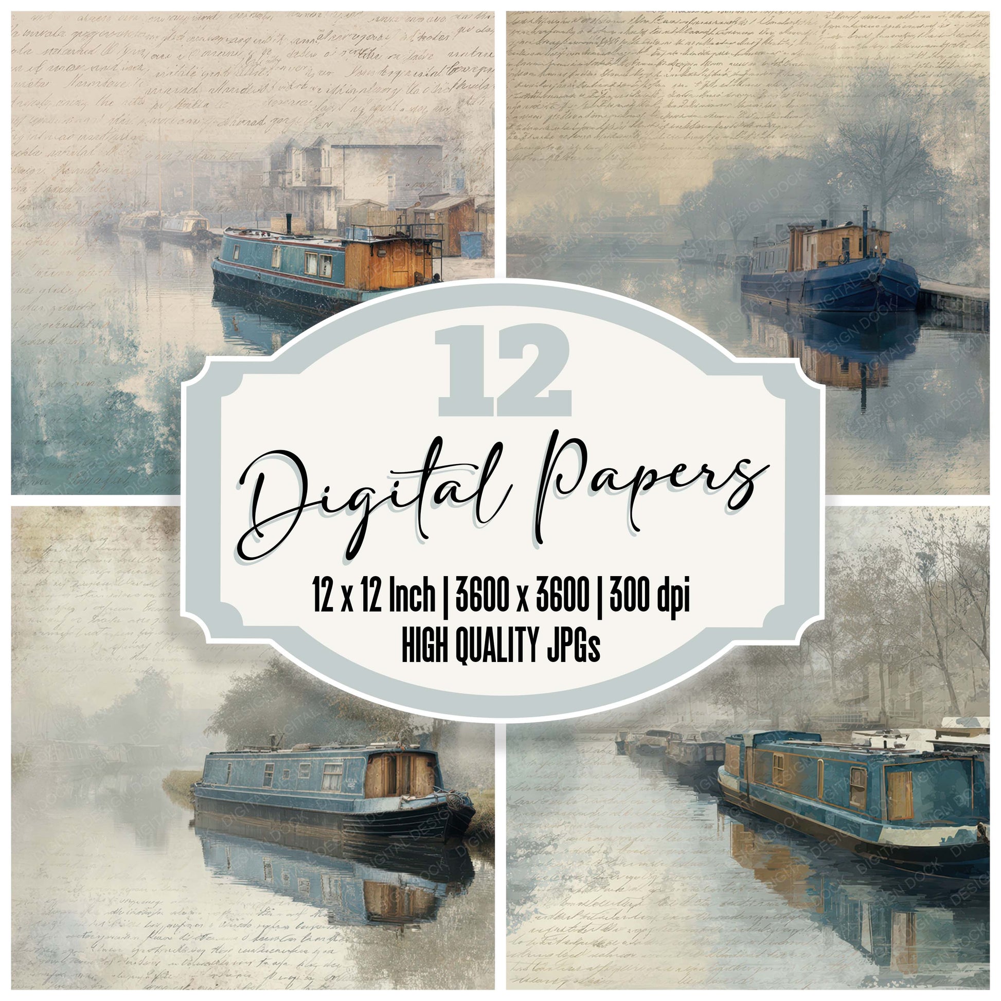 Old Canal Boat Mooring Scene digital paper pack designed for background pages in junk journaling and paper craft projects