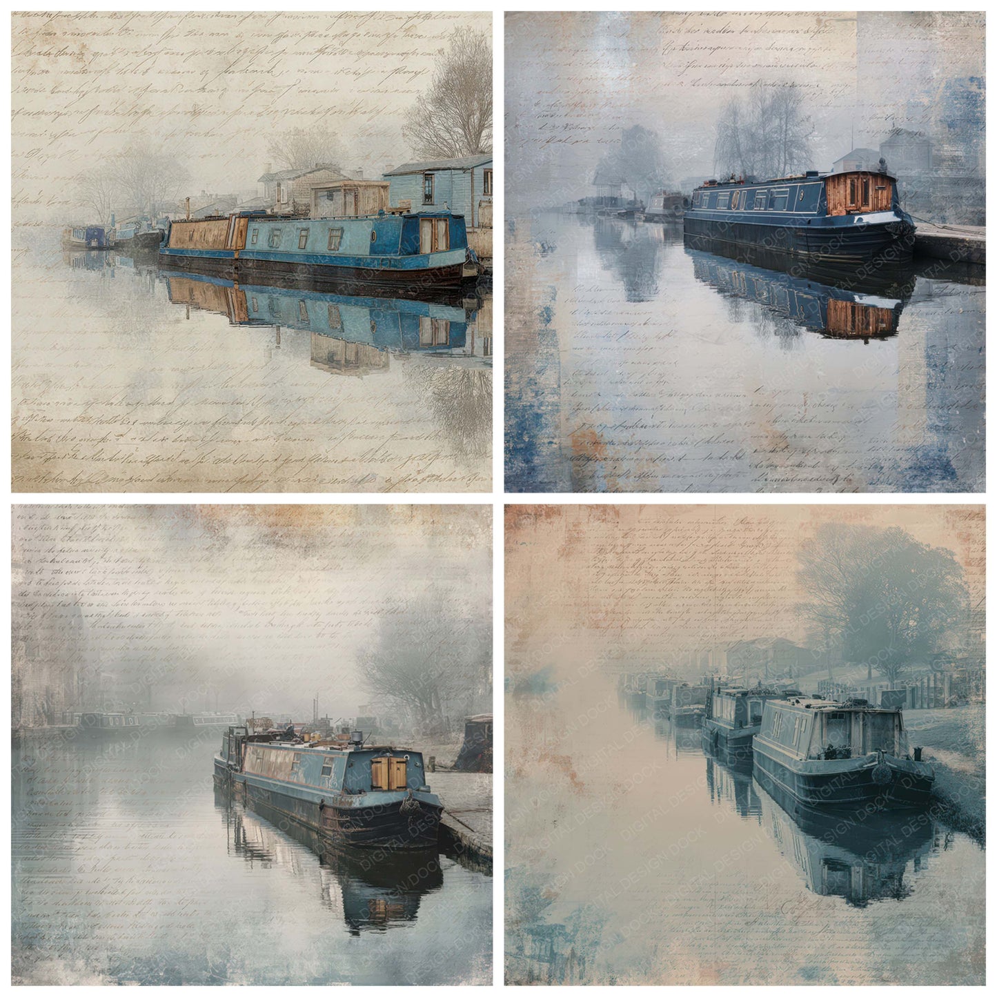 Preview layout showing Old Canal Boat Mooring Scene papers arranged as background pages for junk journals and mixed media crafts