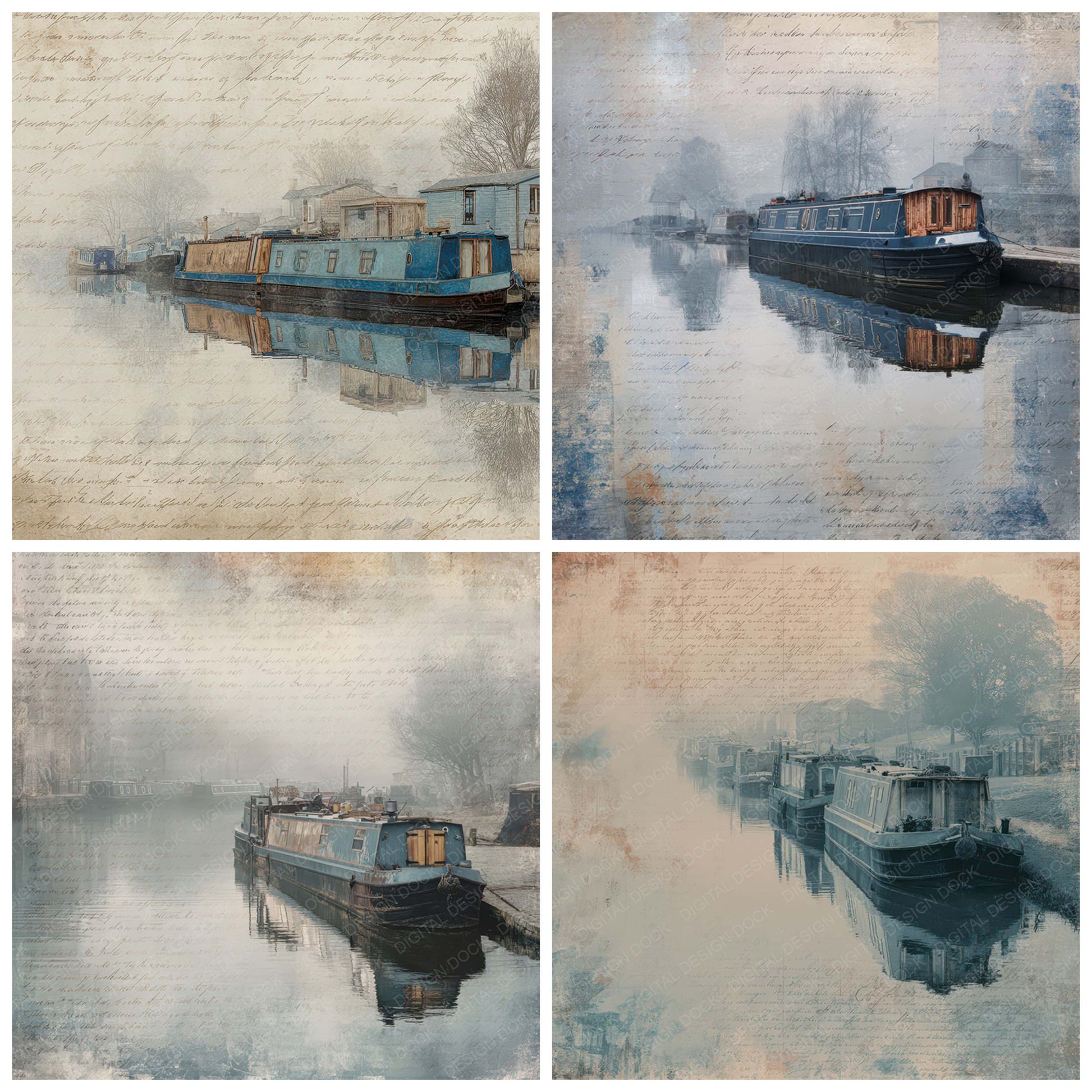 Preview layout showing Old Canal Boat Mooring Scene papers arranged as background pages for junk journals and mixed media crafts