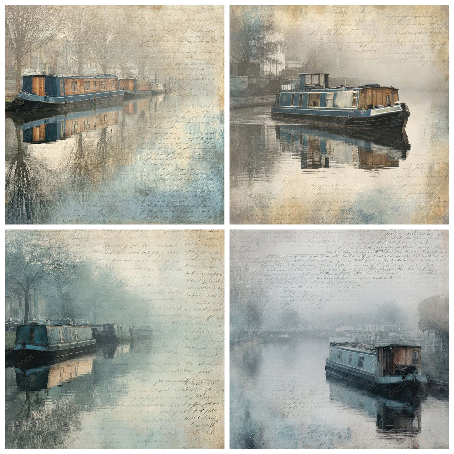 Close view of Old Canal Boat Mooring Scene background papers highlighting collage composition and cohesive colour tones