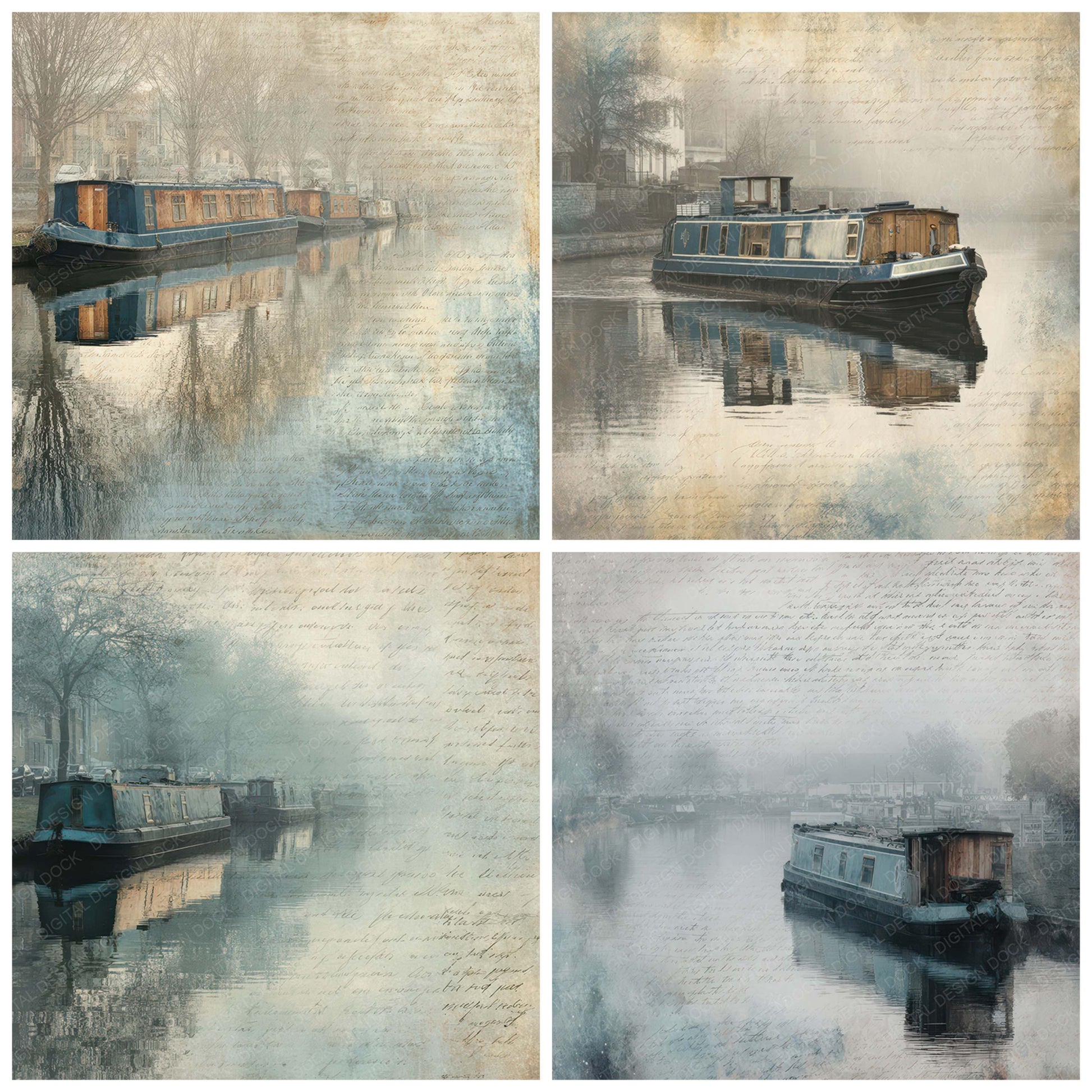 Close view of Old Canal Boat Mooring Scene background papers highlighting collage composition and cohesive colour tones