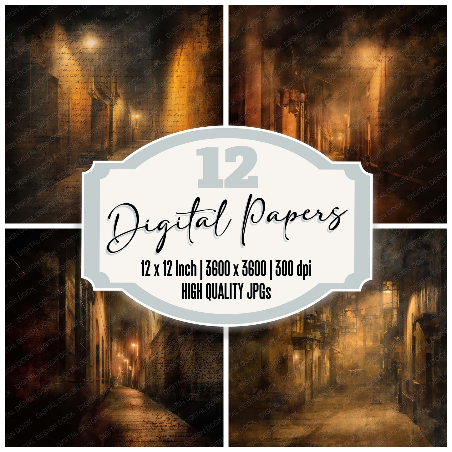 Old Dark Alley Night Scene digital paper pack designed for background pages in junk journaling and paper craft projects