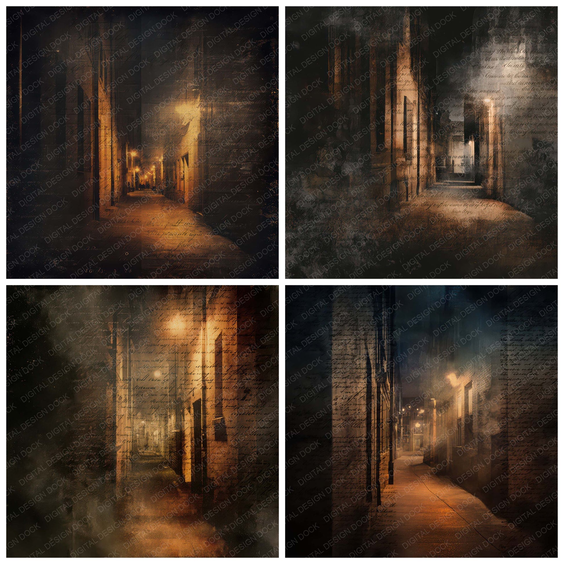 Preview layout showing Old Dark Alley Night Scene papers arranged as background pages for junk journals and mixed media crafts