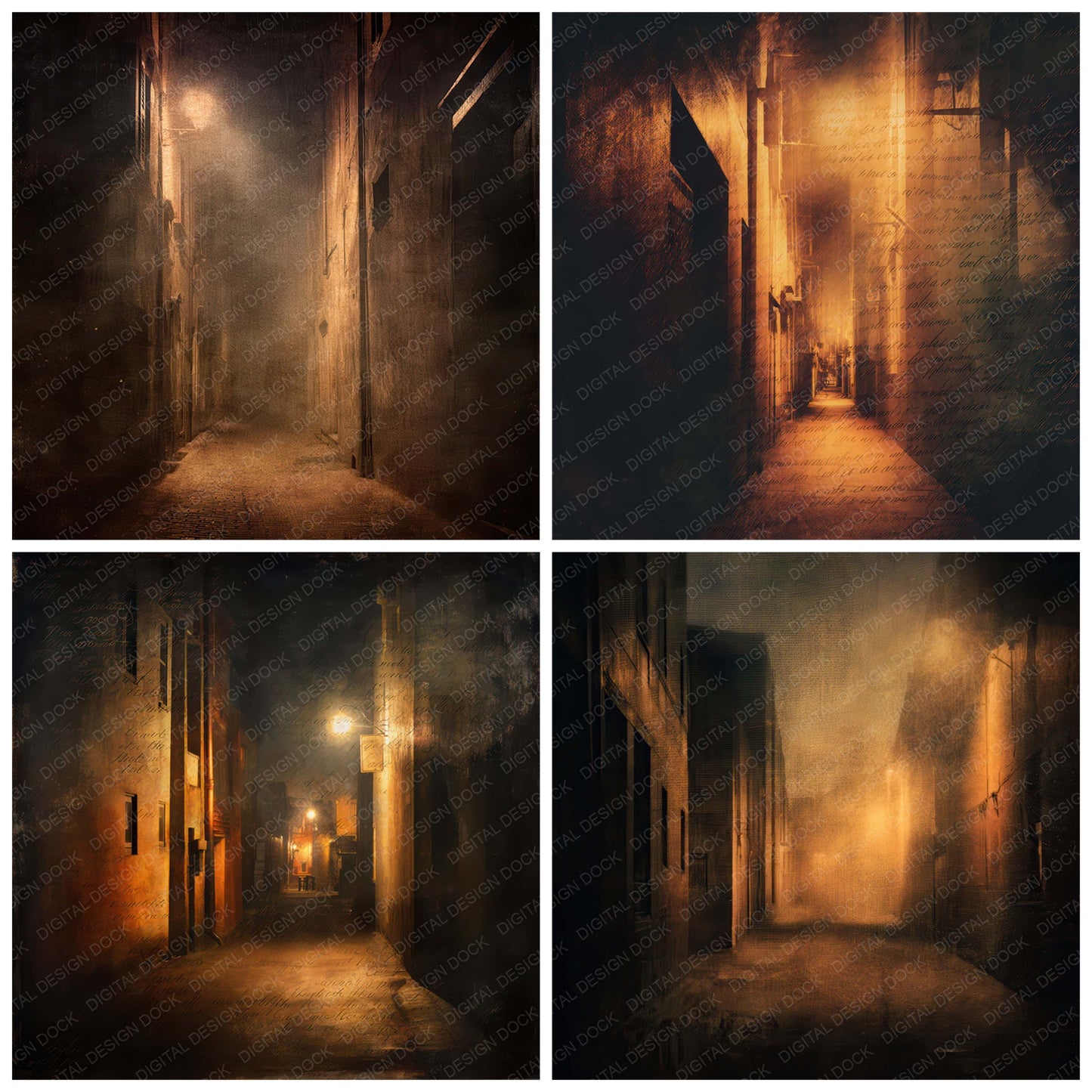 Close view of Old Dark Alley Night Scene background papers highlighting collage composition and cohesive colour tones