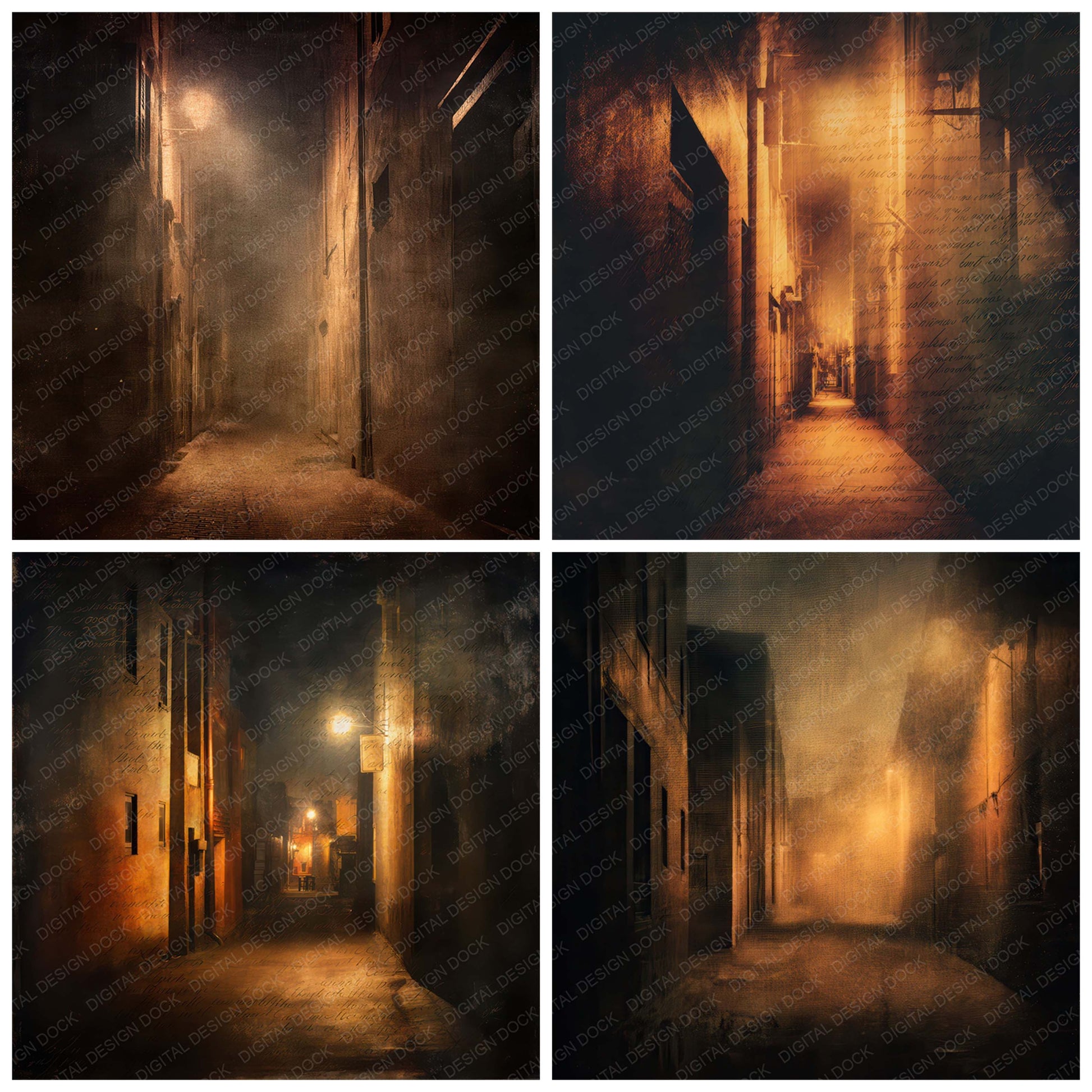 Close view of Old Dark Alley Night Scene background papers highlighting collage composition and cohesive colour tones