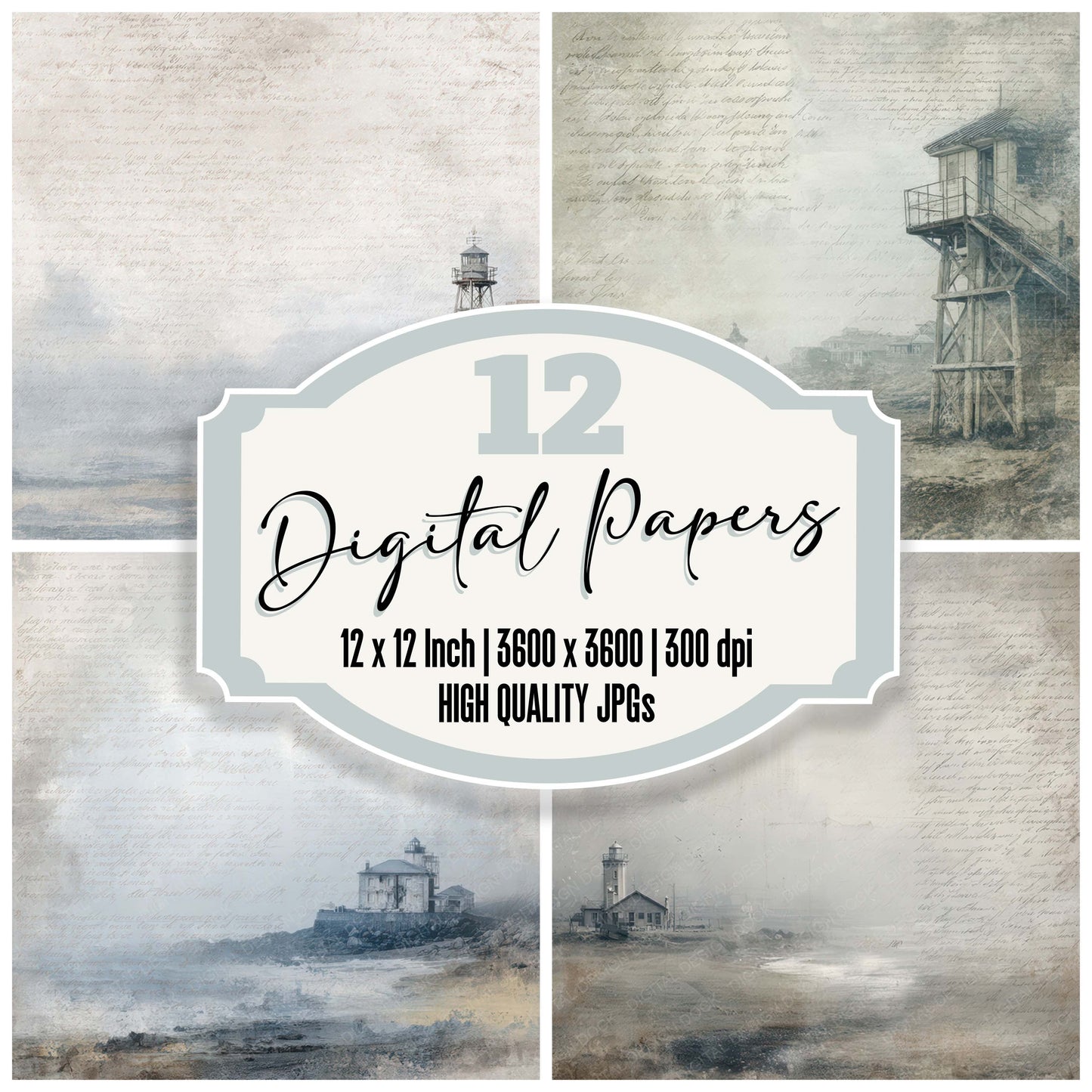 Old Lighthouse Foghorn Station Scene digital paper pack designed for background pages in junk journaling and paper craft projects