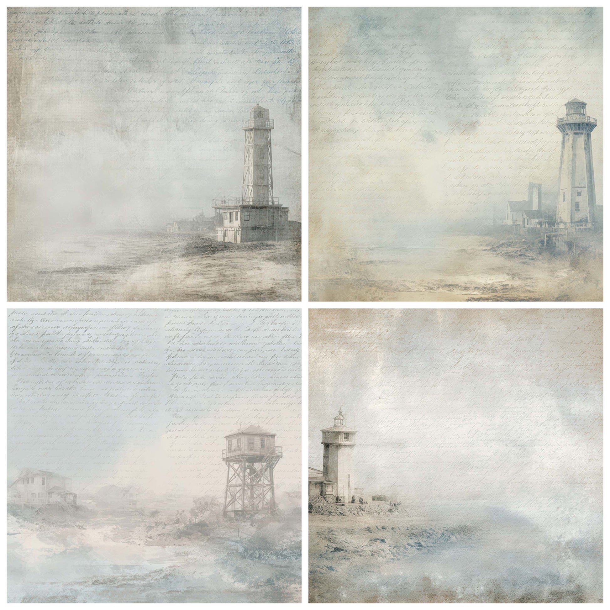 Preview layout showing Old Lighthouse Foghorn Station Scene papers arranged as background pages for junk journals and mixed media crafts