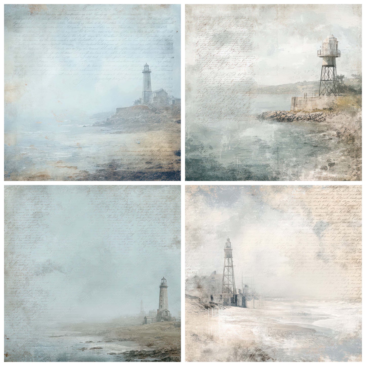 Close view of Old Lighthouse Foghorn Station Scene background papers highlighting collage composition and cohesive colour tones