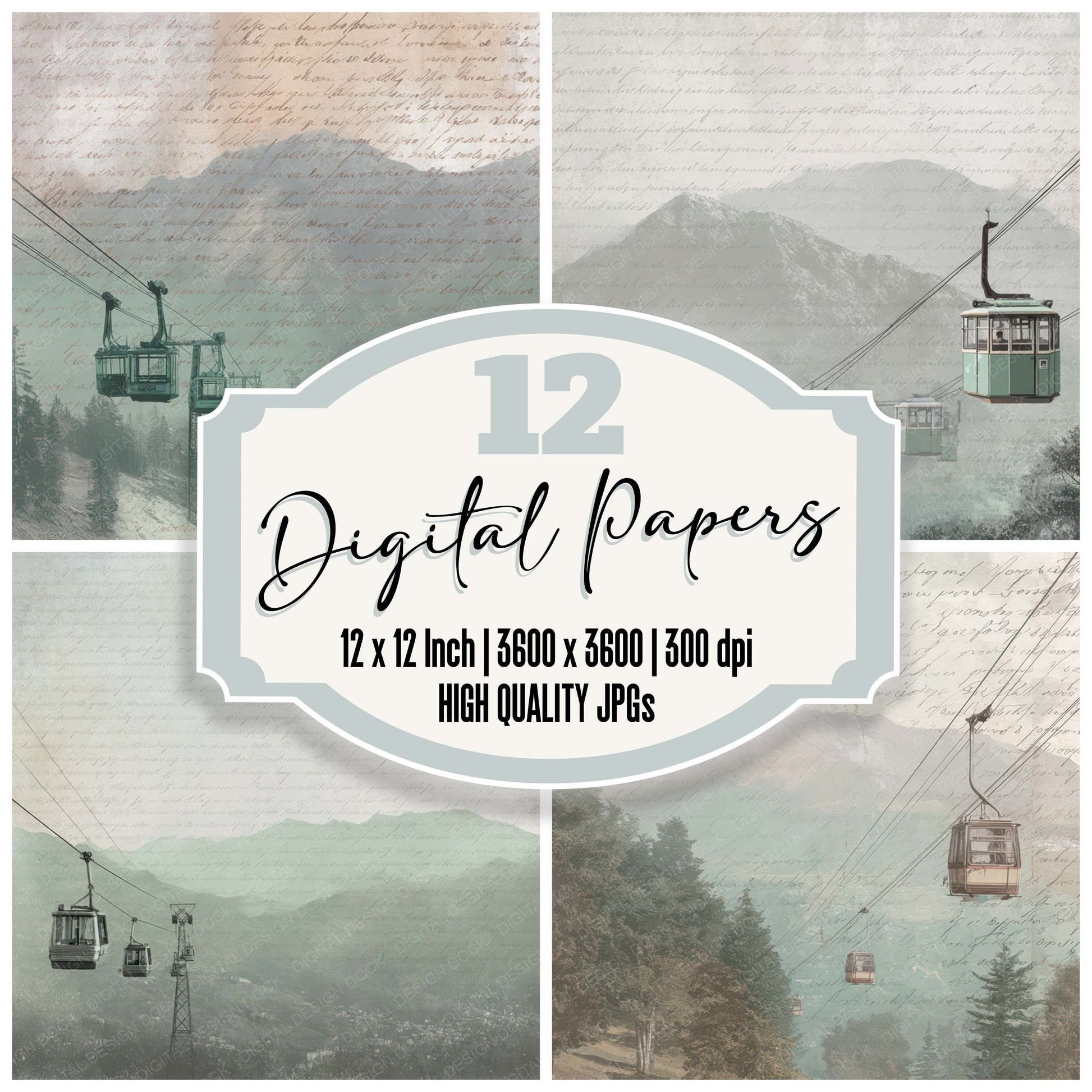 Old Mountain Cable Car Scene digital paper pack designed for background pages in junk journaling and paper craft projects