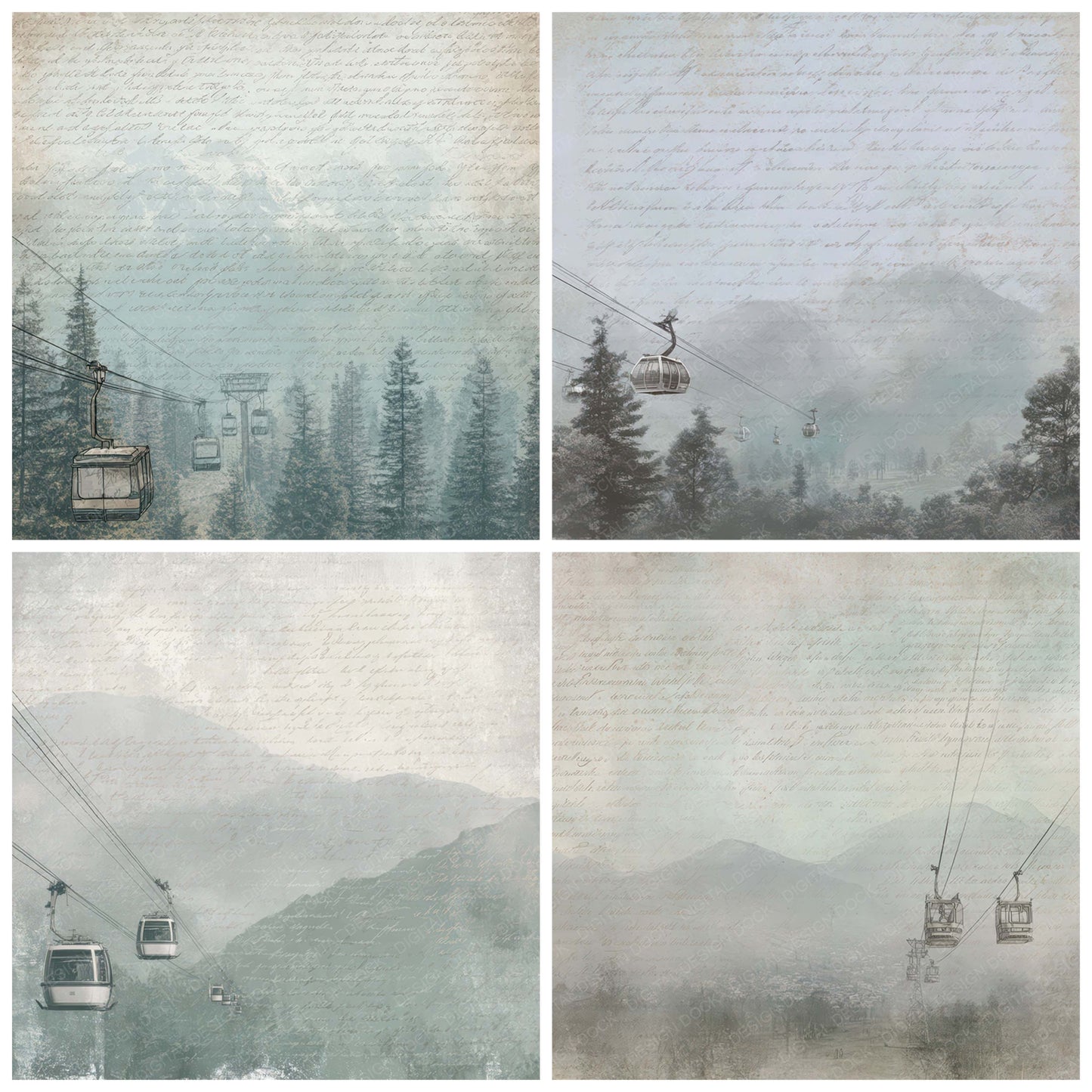Preview layout showing Old Mountain Cable Car Scene papers arranged as background pages for junk journals and mixed media crafts