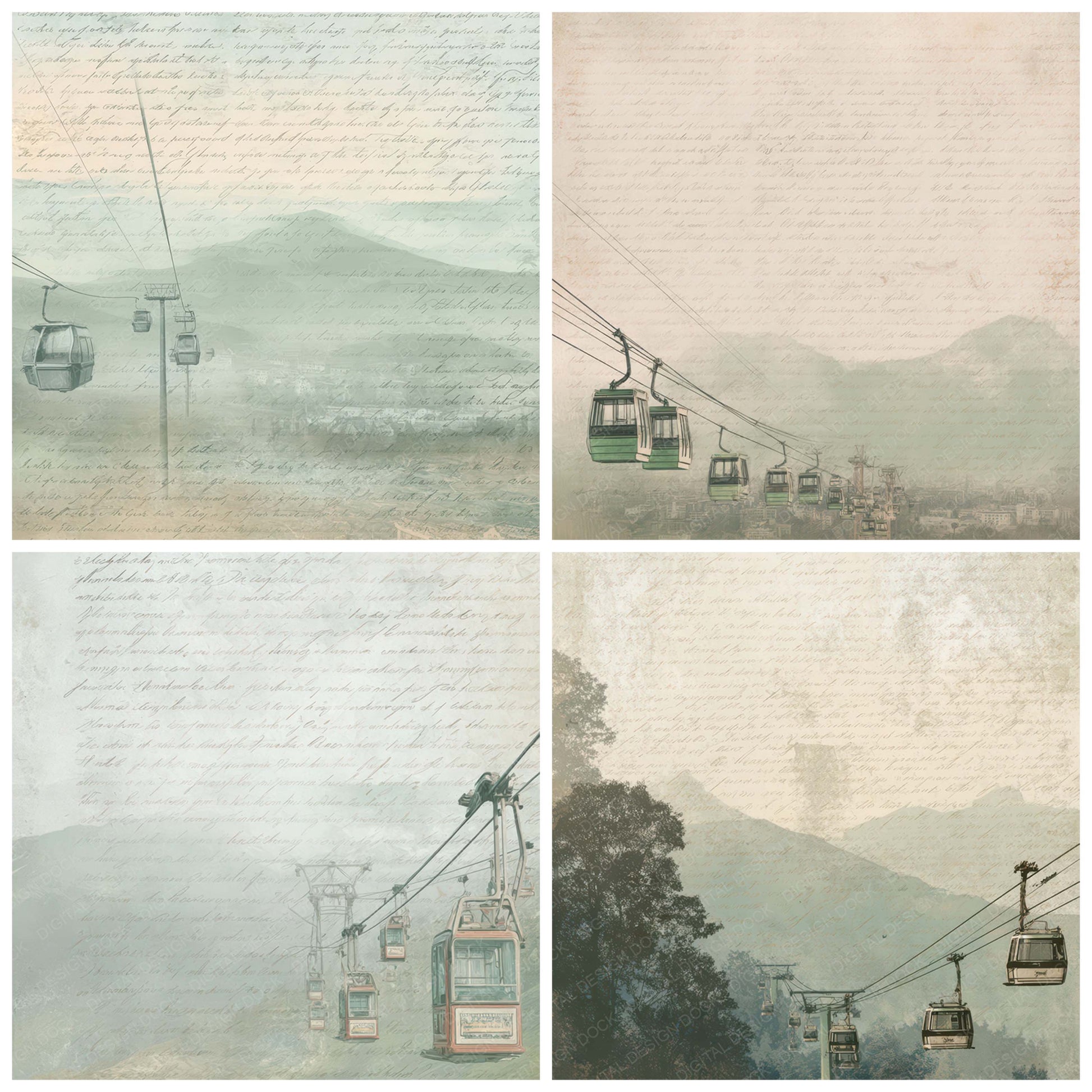 Close view of Old Mountain Cable Car Scene background papers highlighting collage composition and cohesive colour tones