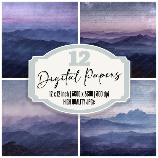 Old Mountain Dusk Ridge Scene digital paper pack designed for background pages in junk journaling and paper craft projects