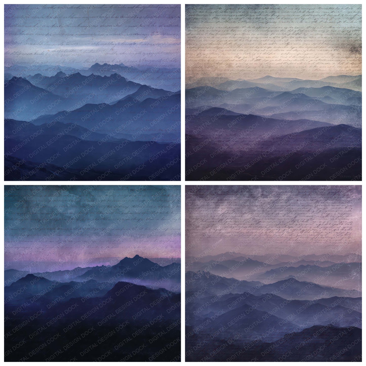 Preview layout showing Old Mountain Dusk Ridge Scene papers arranged as background pages for junk journals and mixed media crafts