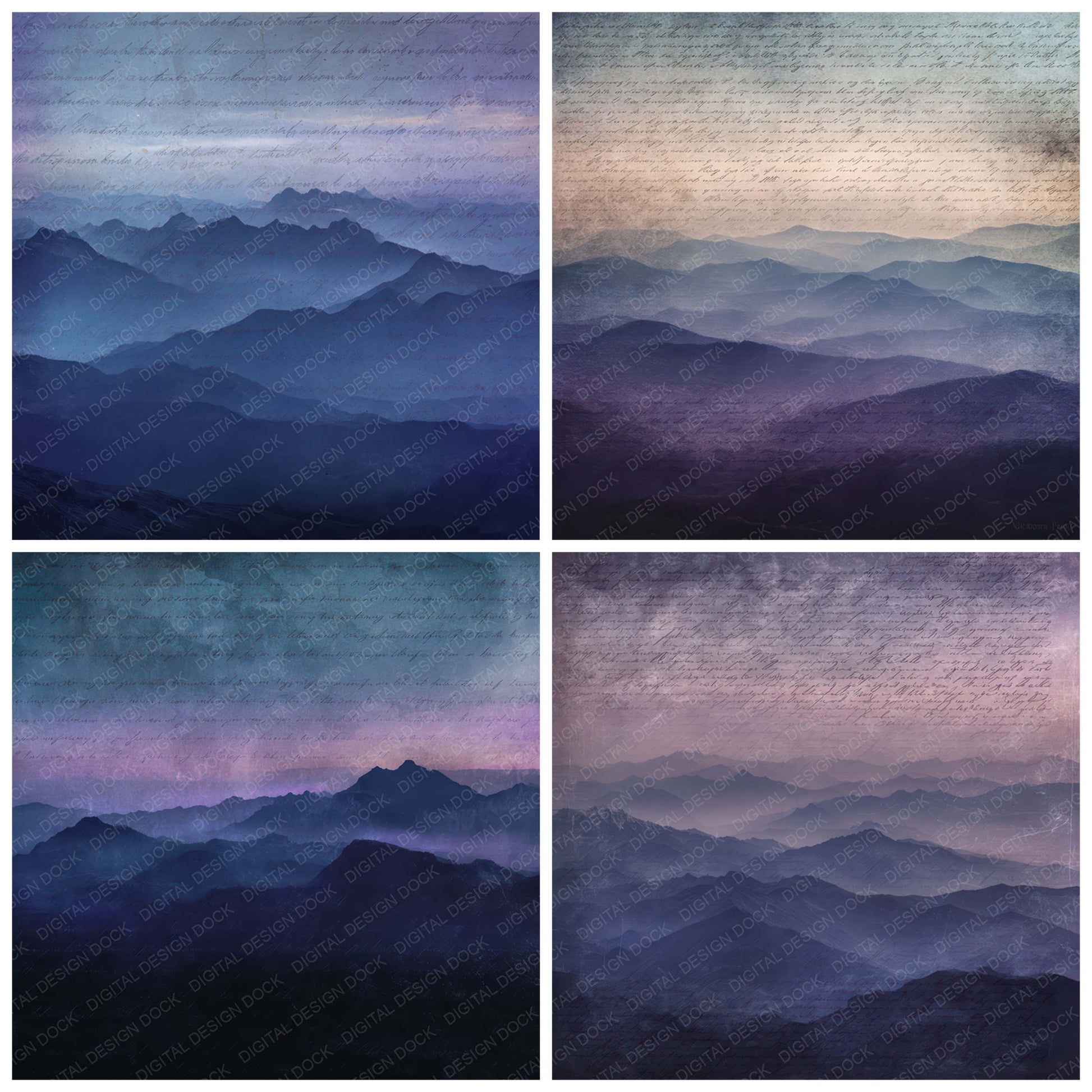 Preview layout showing Old Mountain Dusk Ridge Scene papers arranged as background pages for junk journals and mixed media crafts