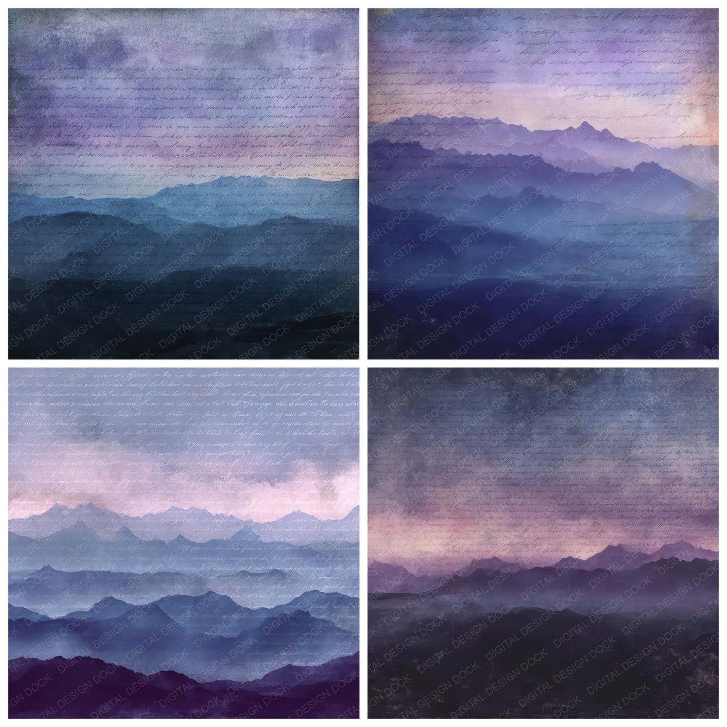 Close view of Old Mountain Dusk Ridge Scene background papers highlighting collage composition and cohesive colour tones