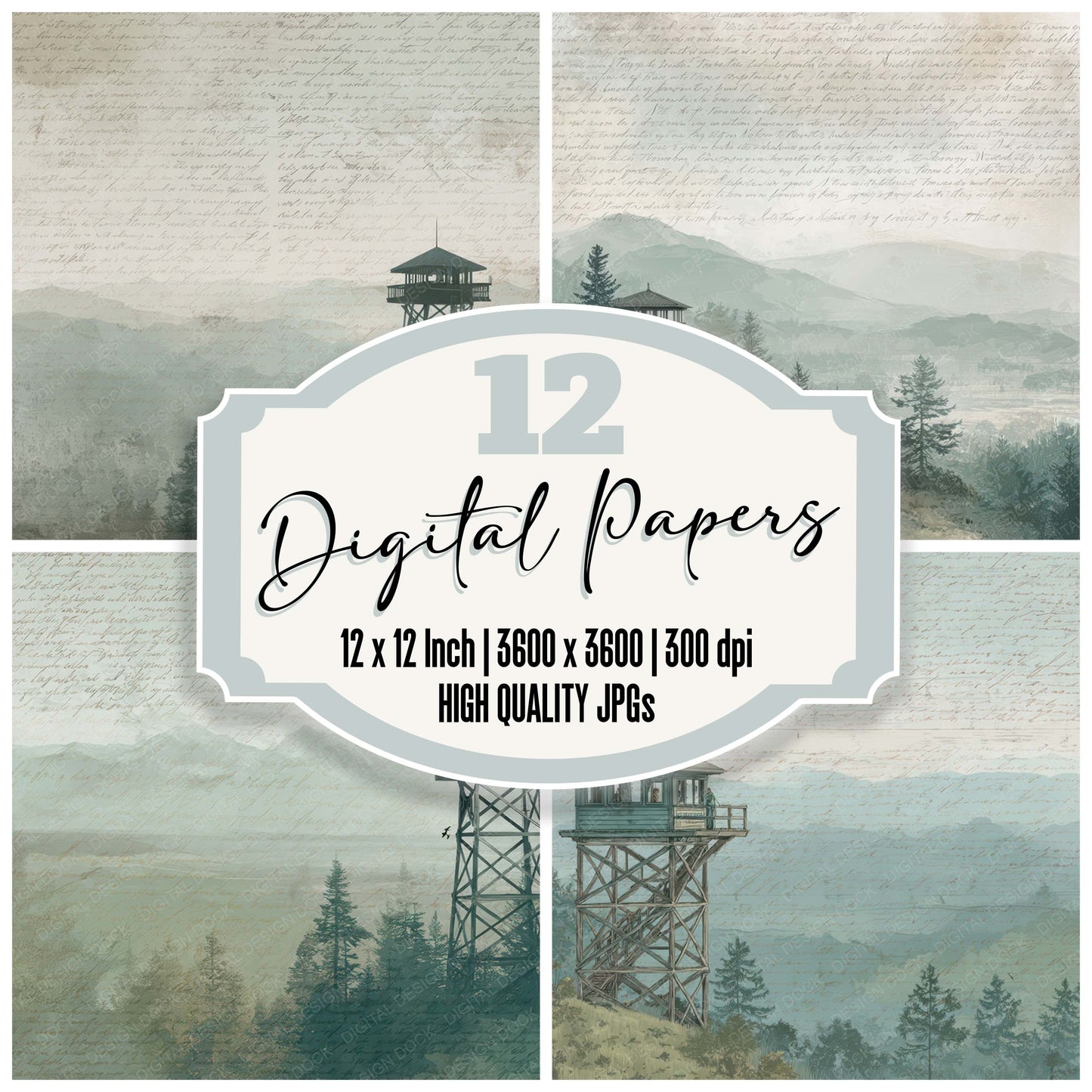 Old Mountain Lookout Tower Scene digital paper pack designed for background pages in junk journaling and paper craft projects
