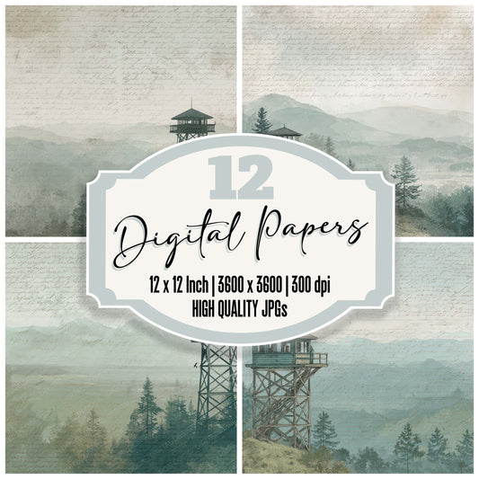 Old Mountain Lookout Tower Scene digital paper pack designed for background pages in junk journaling and paper craft projects