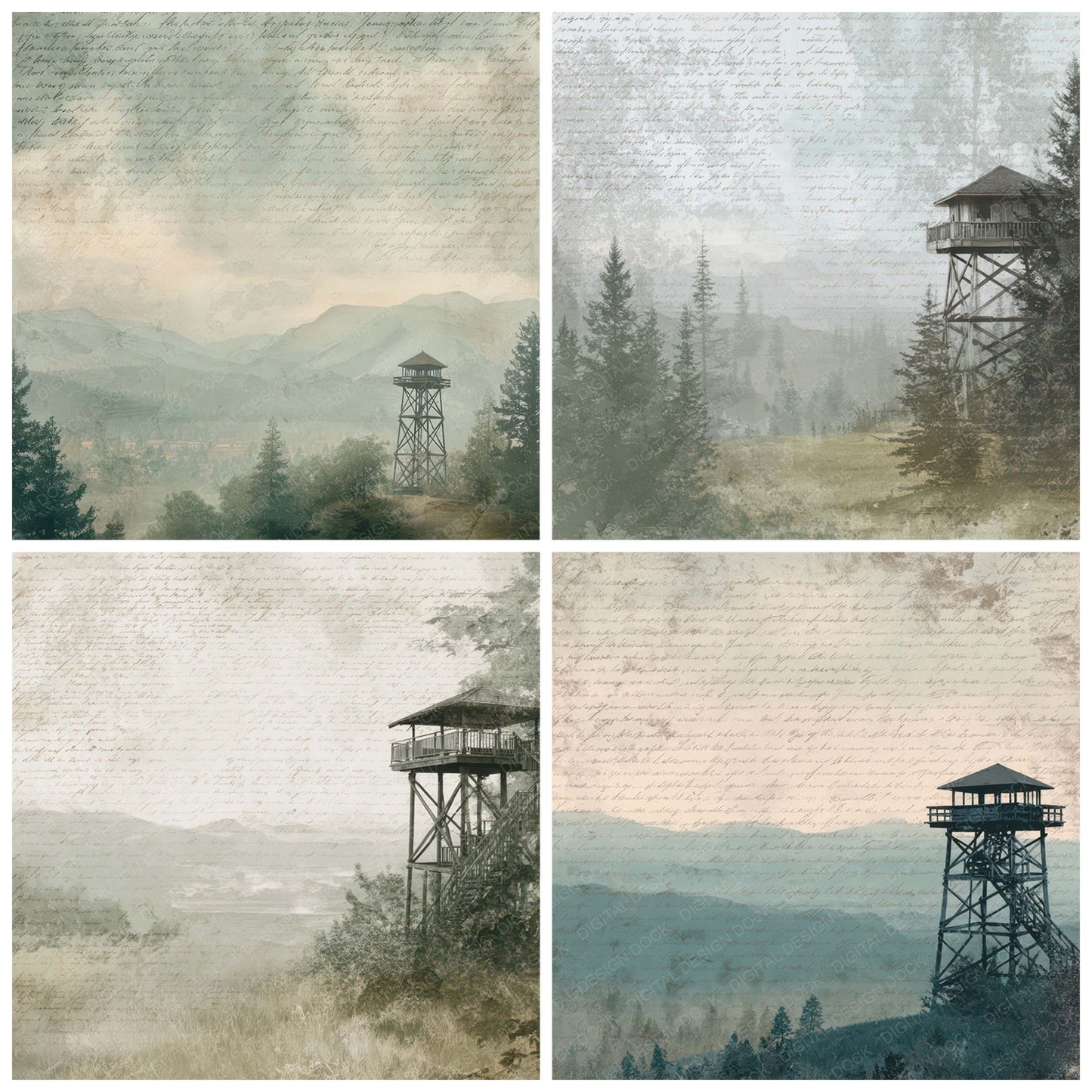 Preview layout showing Old Mountain Lookout Tower Scene papers arranged as background pages for junk journals and mixed media crafts