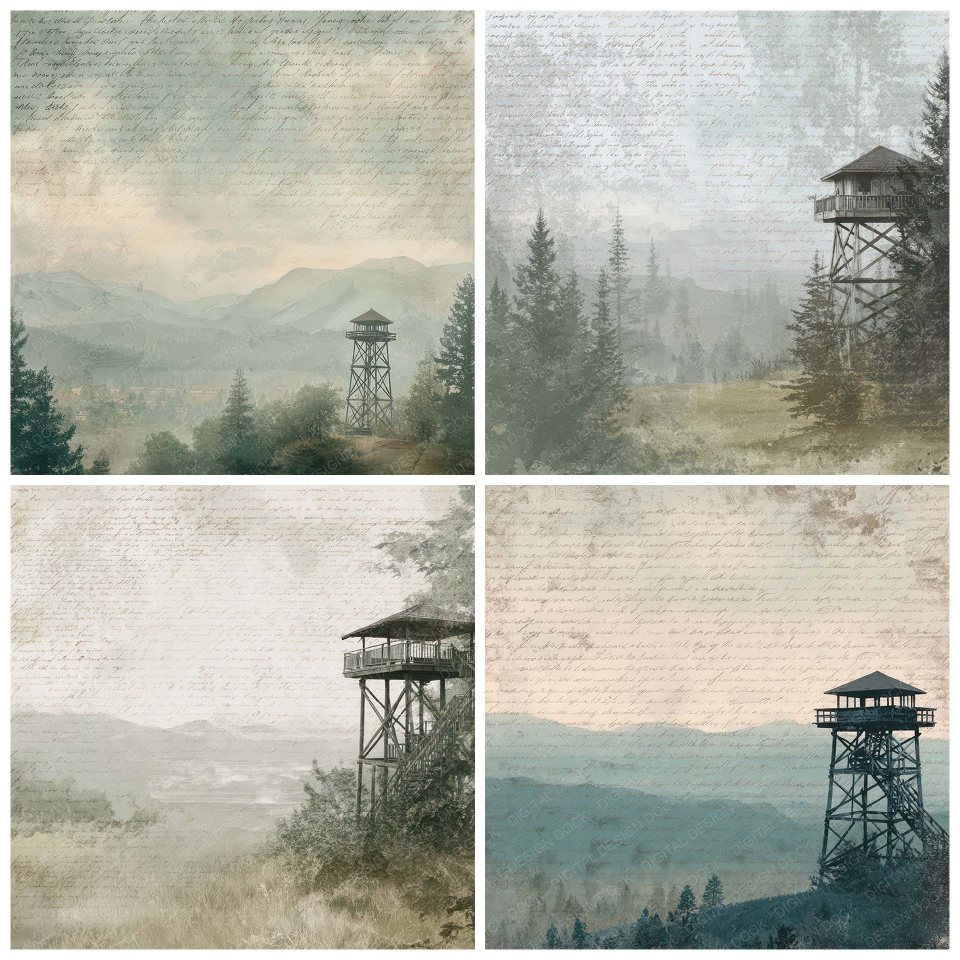 Preview layout showing Old Mountain Lookout Tower Scene papers arranged as background pages for junk journals and mixed media crafts