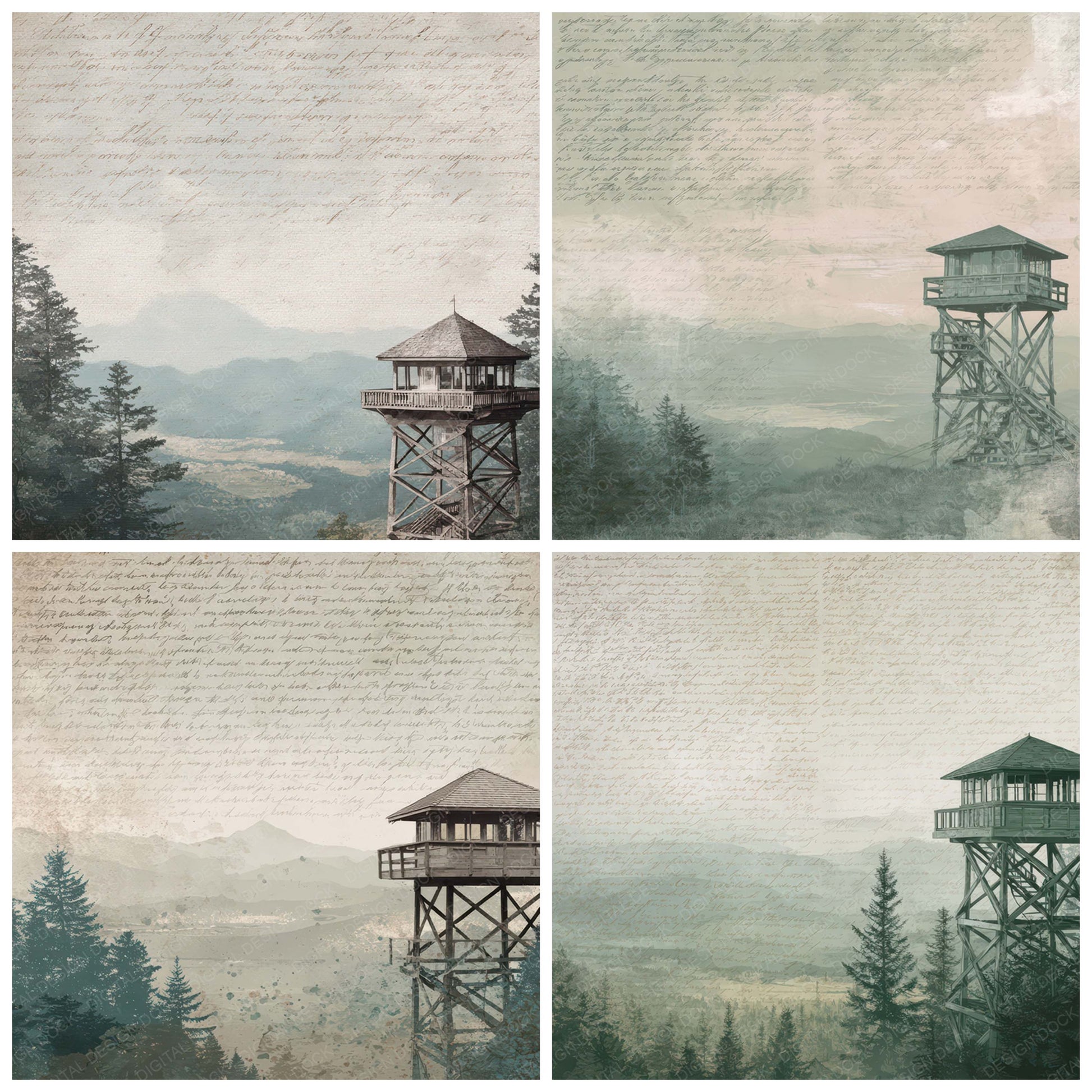 Close view of Old Mountain Lookout Tower Scene background papers highlighting collage composition and cohesive colour tones
