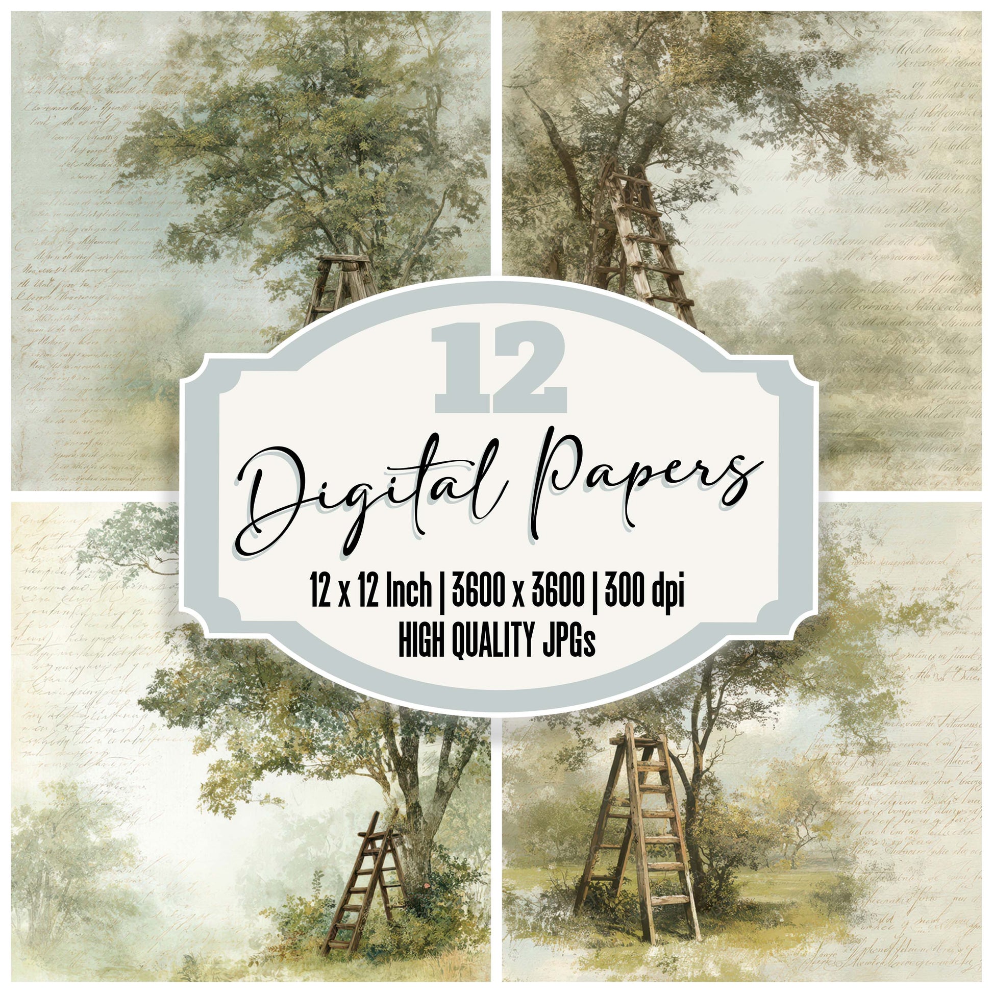Old Orchard Ladder Tree Scene digital paper pack designed for background pages in junk journaling and paper craft projects
