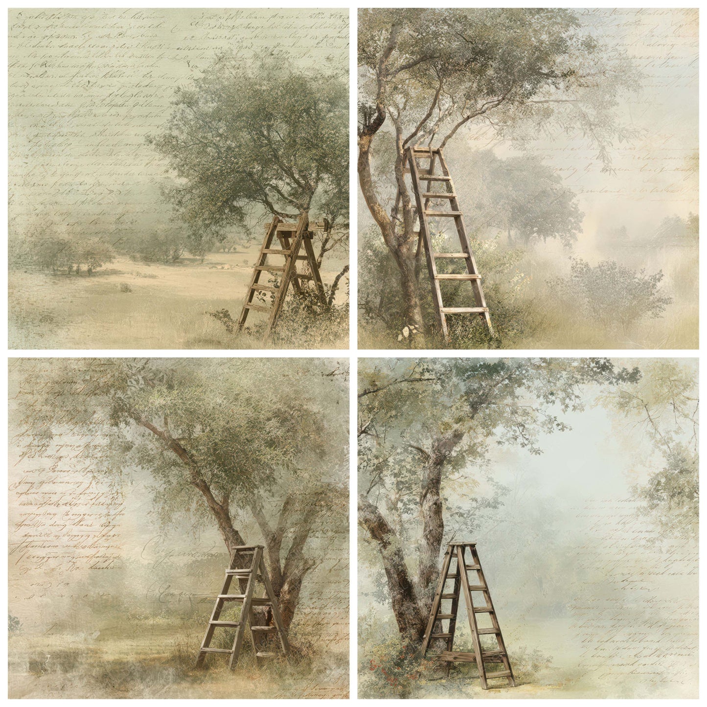 Preview layout showing Old Orchard Ladder Tree Scene papers arranged as background pages for junk journals and mixed media crafts