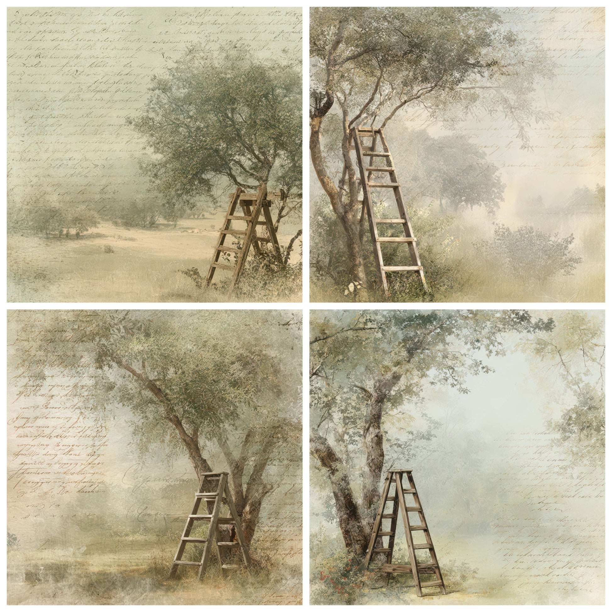 Preview layout showing Old Orchard Ladder Tree Scene papers arranged as background pages for junk journals and mixed media crafts