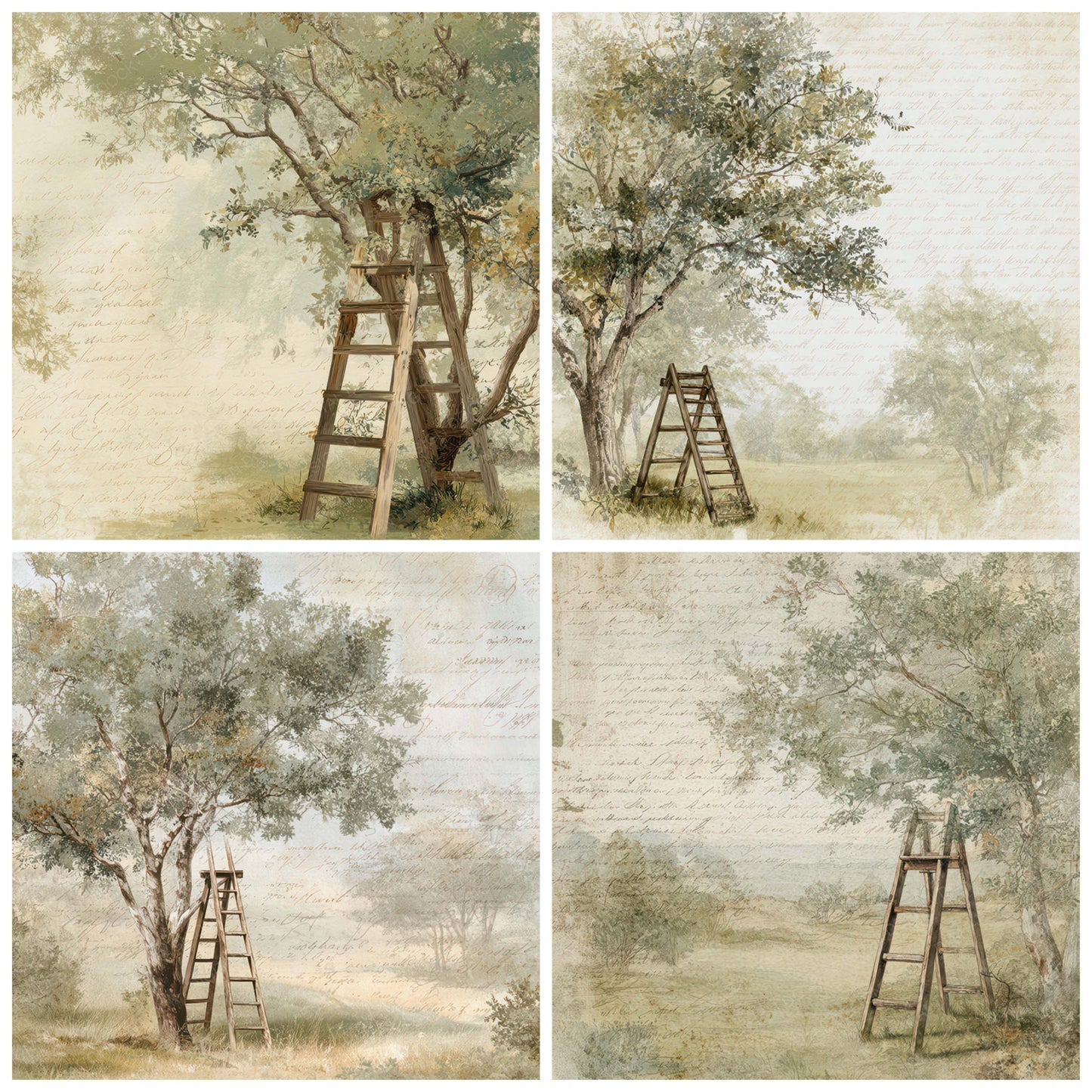 Close view of Old Orchard Ladder Tree Scene background papers highlighting collage composition and cohesive colour tones