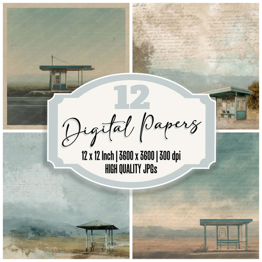 Old Rural Bus Stop Shelter Scene digital paper pack designed for background pages in junk journaling and paper craft projects