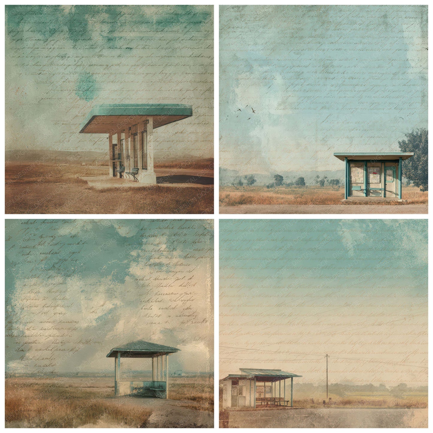Preview layout showing Old Rural Bus Stop Shelter Scene papers arranged as background pages for junk journals and mixed media crafts