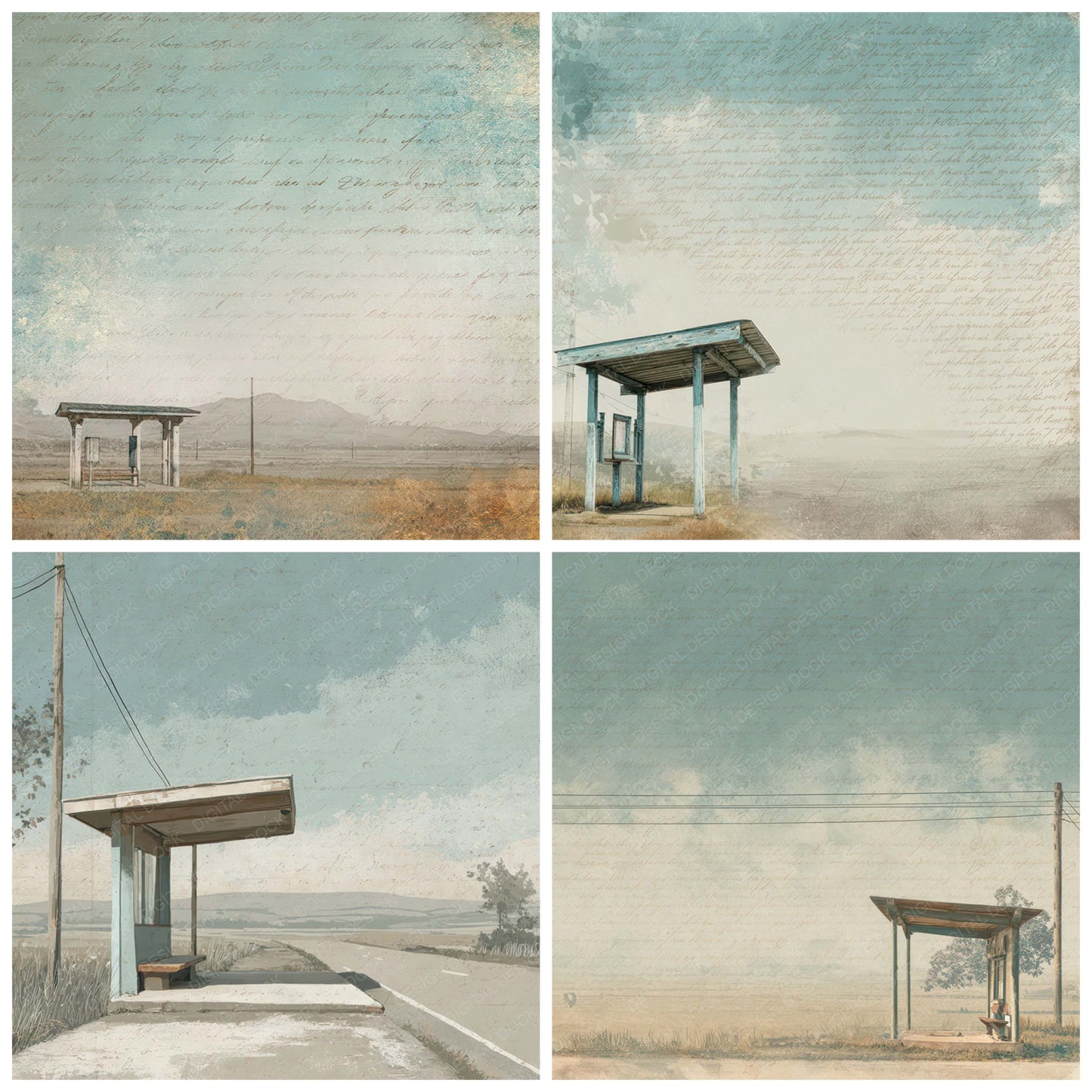 Old Rural Bus Stop Shelter Scene Digital Paper Pack (DDD012294)