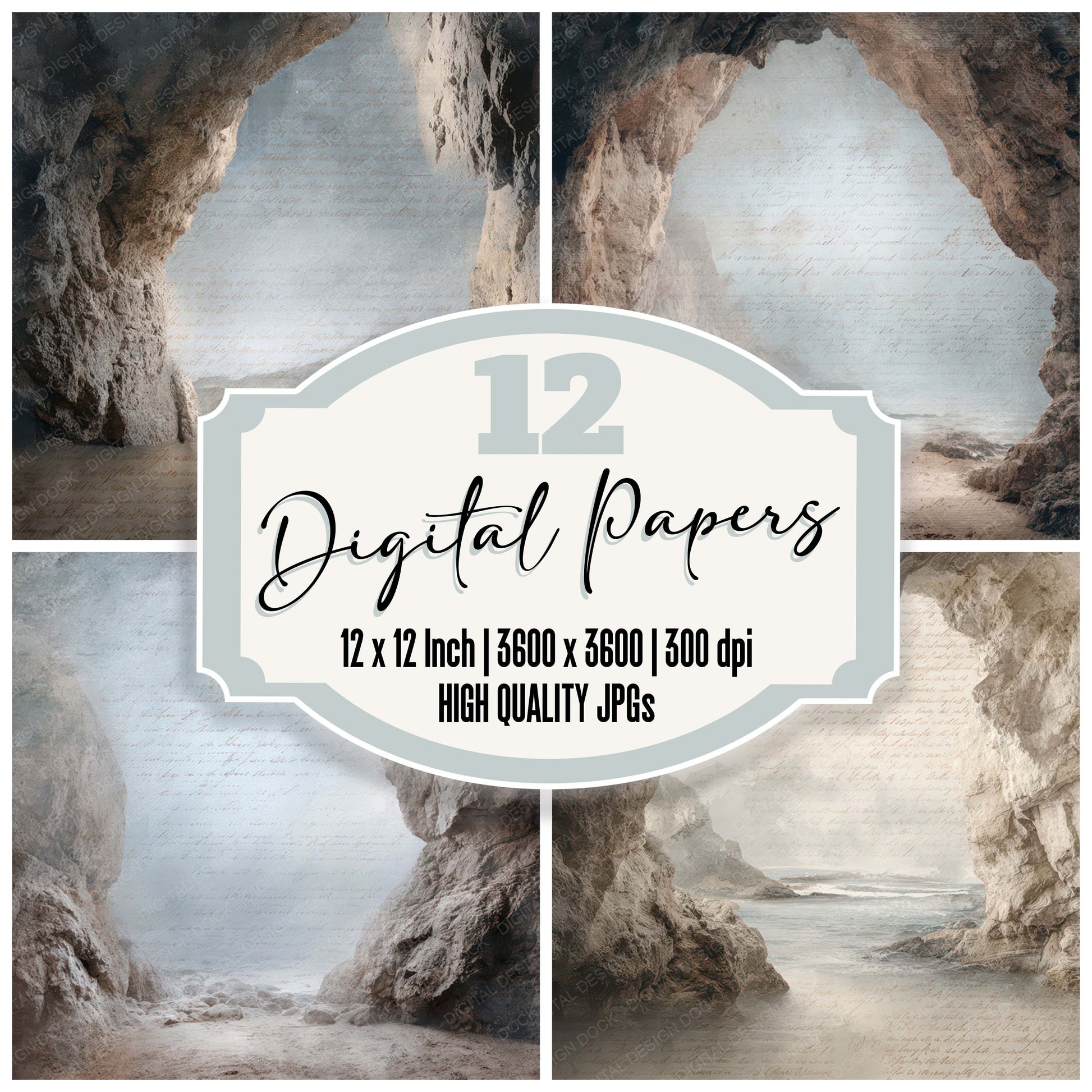 Vintage Coastal Cave Opening Scene digital paper pack designed for background pages in junk journaling and paper craft projects