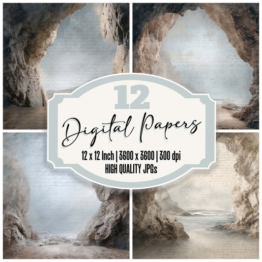 Vintage Coastal Cave Opening Scene digital paper pack designed for background pages in junk journaling and paper craft projects