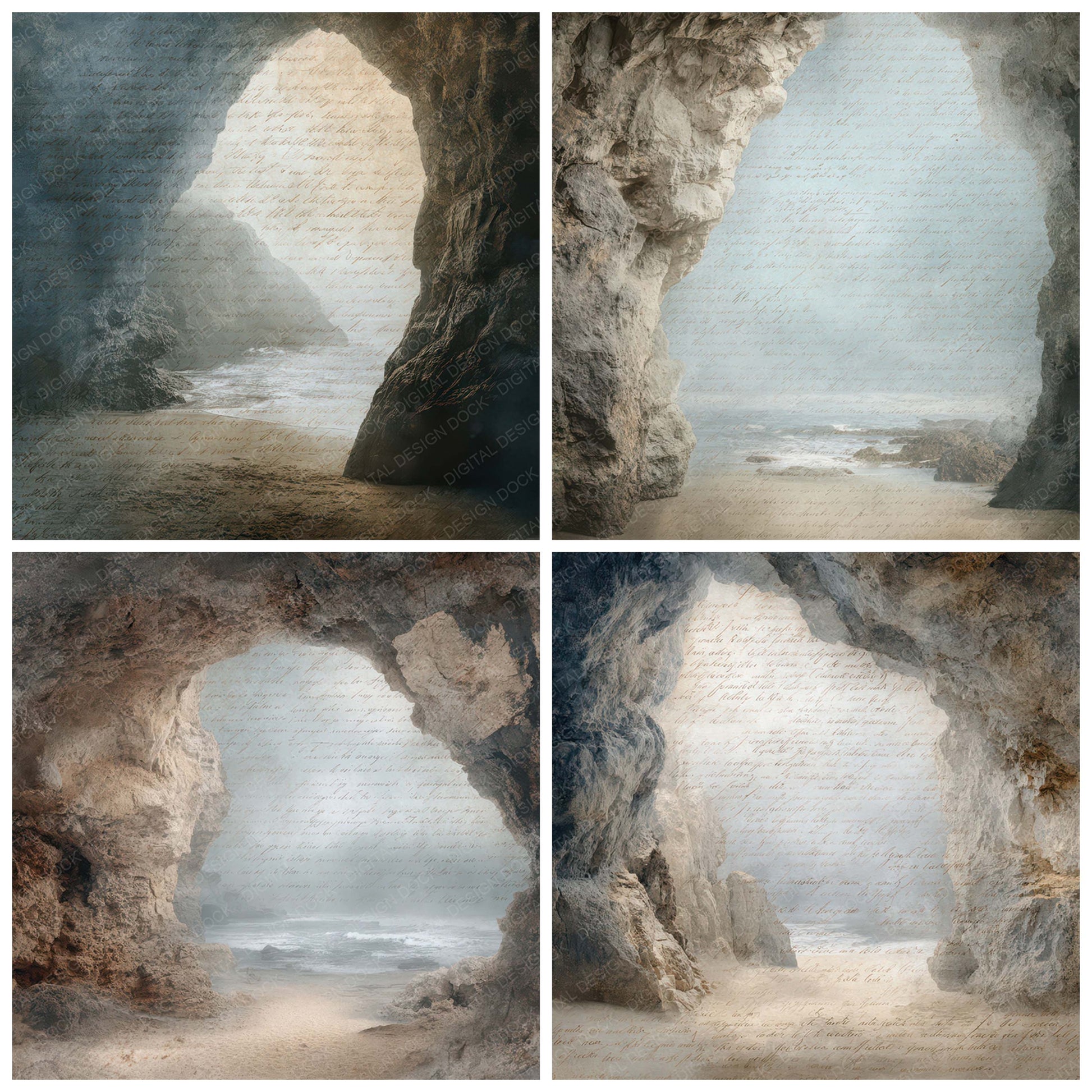 Preview layout showing Vintage Coastal Cave Opening Scene papers arranged as background pages for junk journals and mixed media crafts