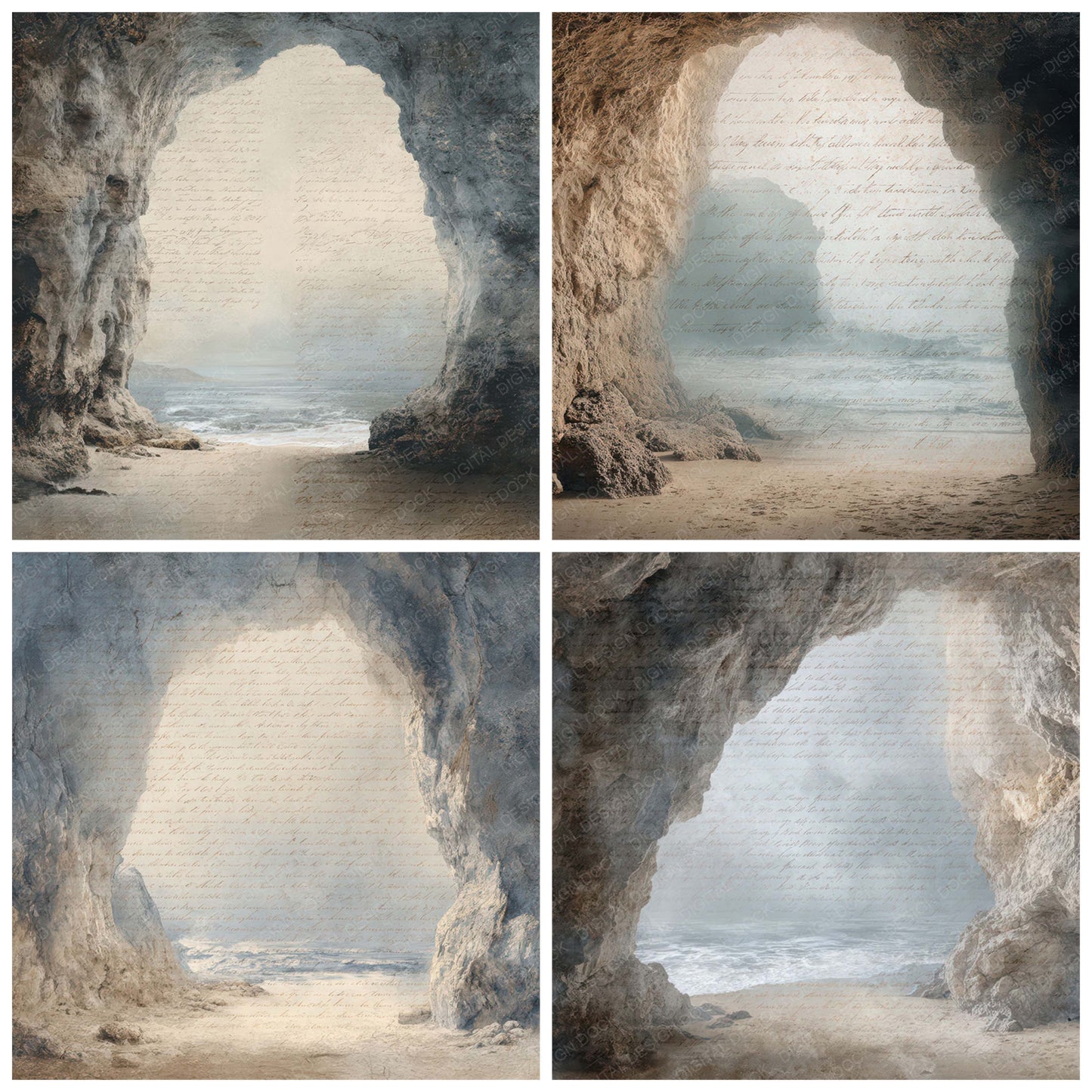 Close view of Vintage Coastal Cave Opening Scene background papers highlighting collage composition and cohesive colour tones