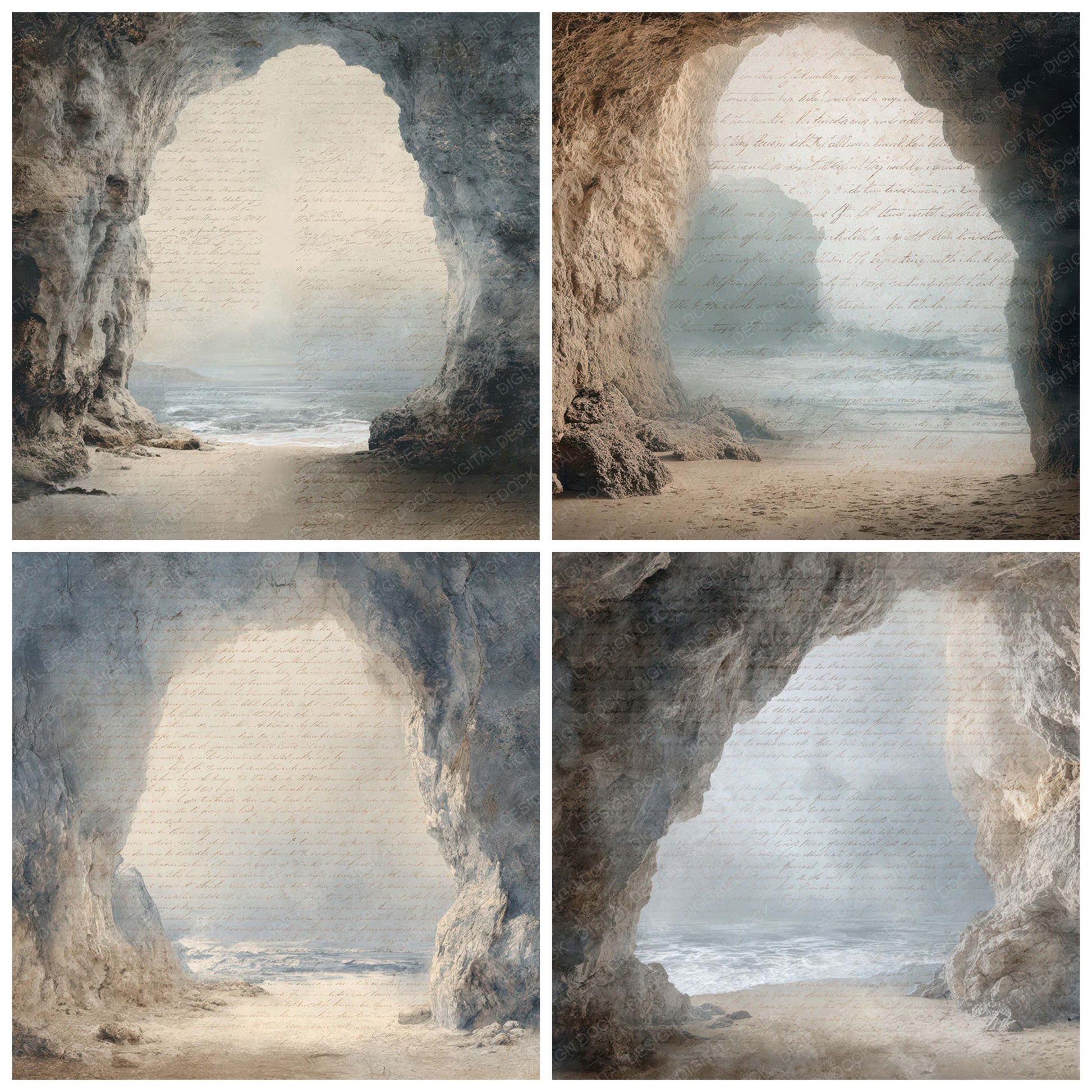 Close view of Vintage Coastal Cave Opening Scene background papers highlighting collage composition and cohesive colour tones