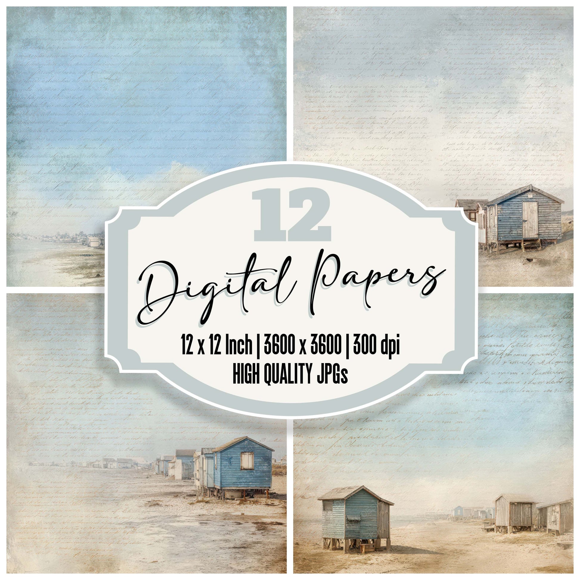 Vintage Coastal Fishing Huts Scene digital paper pack designed for background pages in junk journaling and paper craft projects