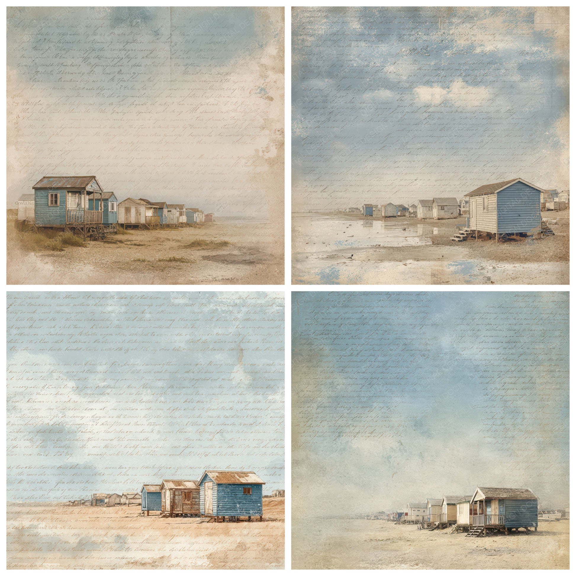 Preview layout showing Vintage Coastal Fishing Huts Scene papers arranged as background pages for junk journals and mixed media crafts
