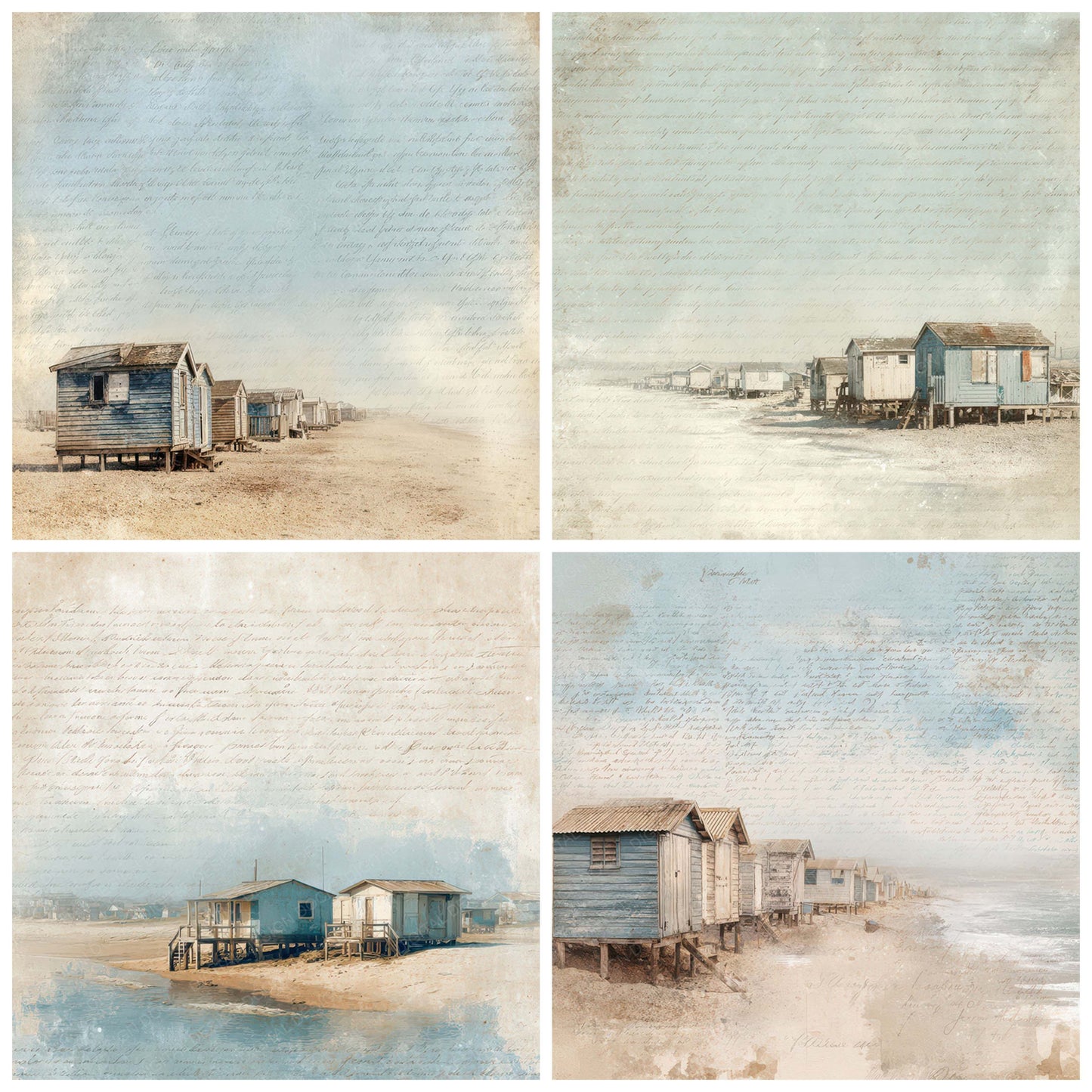 Close view of Vintage Coastal Fishing Huts Scene background papers highlighting collage composition and cohesive colour tones