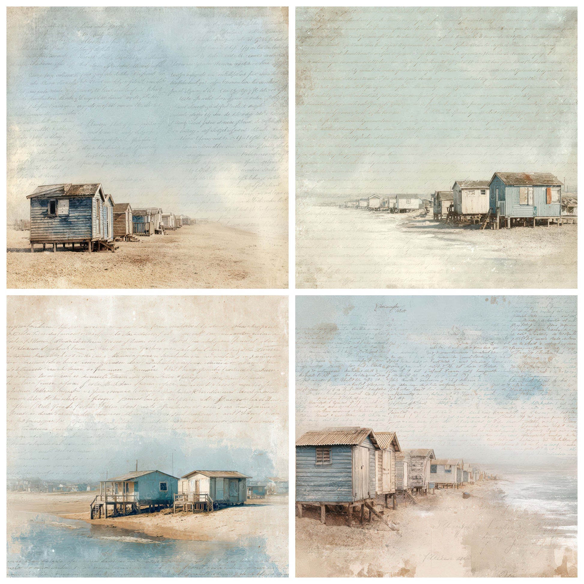 Close view of Vintage Coastal Fishing Huts Scene background papers highlighting collage composition and cohesive colour tones