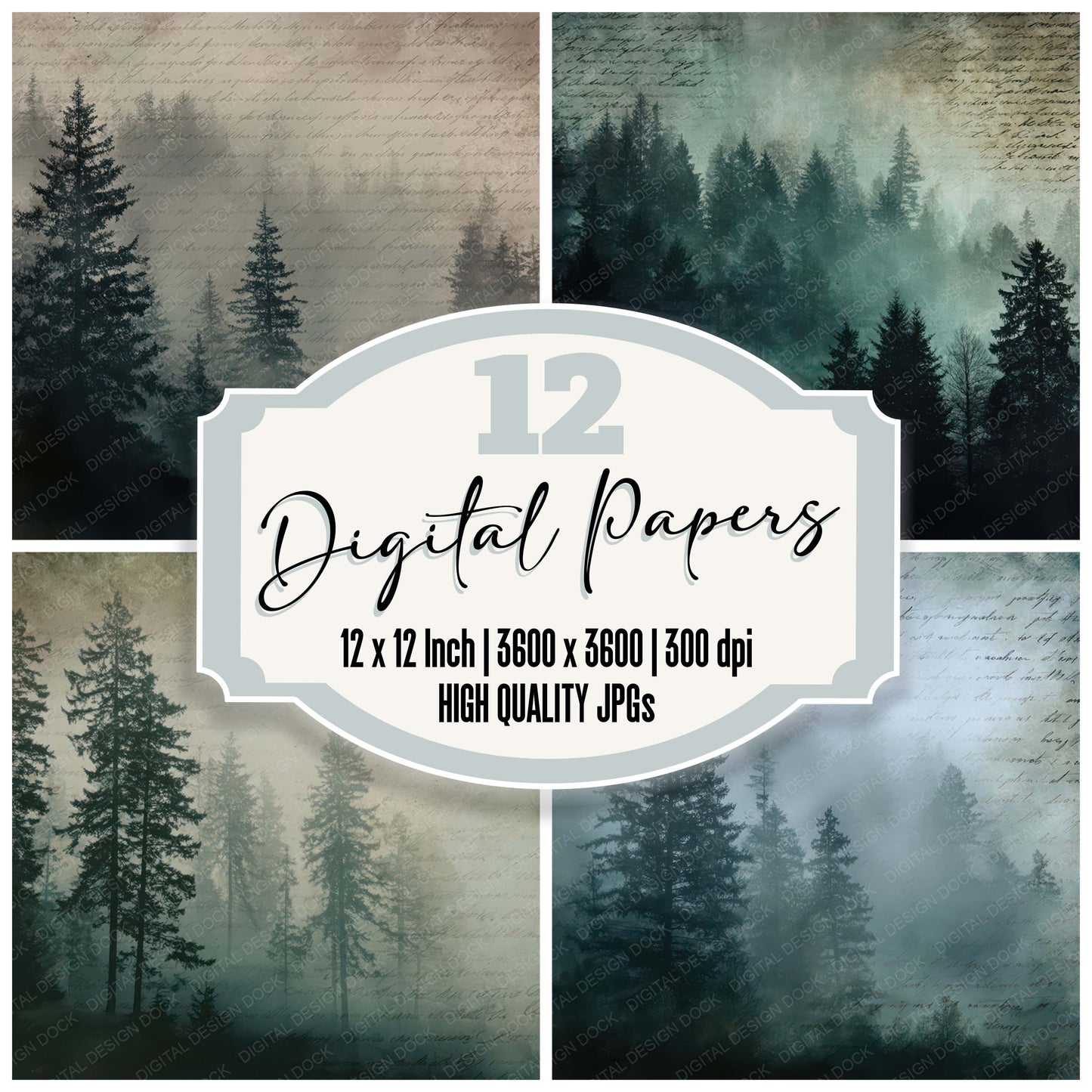 Vintage Dark Fog Forest Scene digital paper pack designed for background pages in junk journaling and paper craft projects