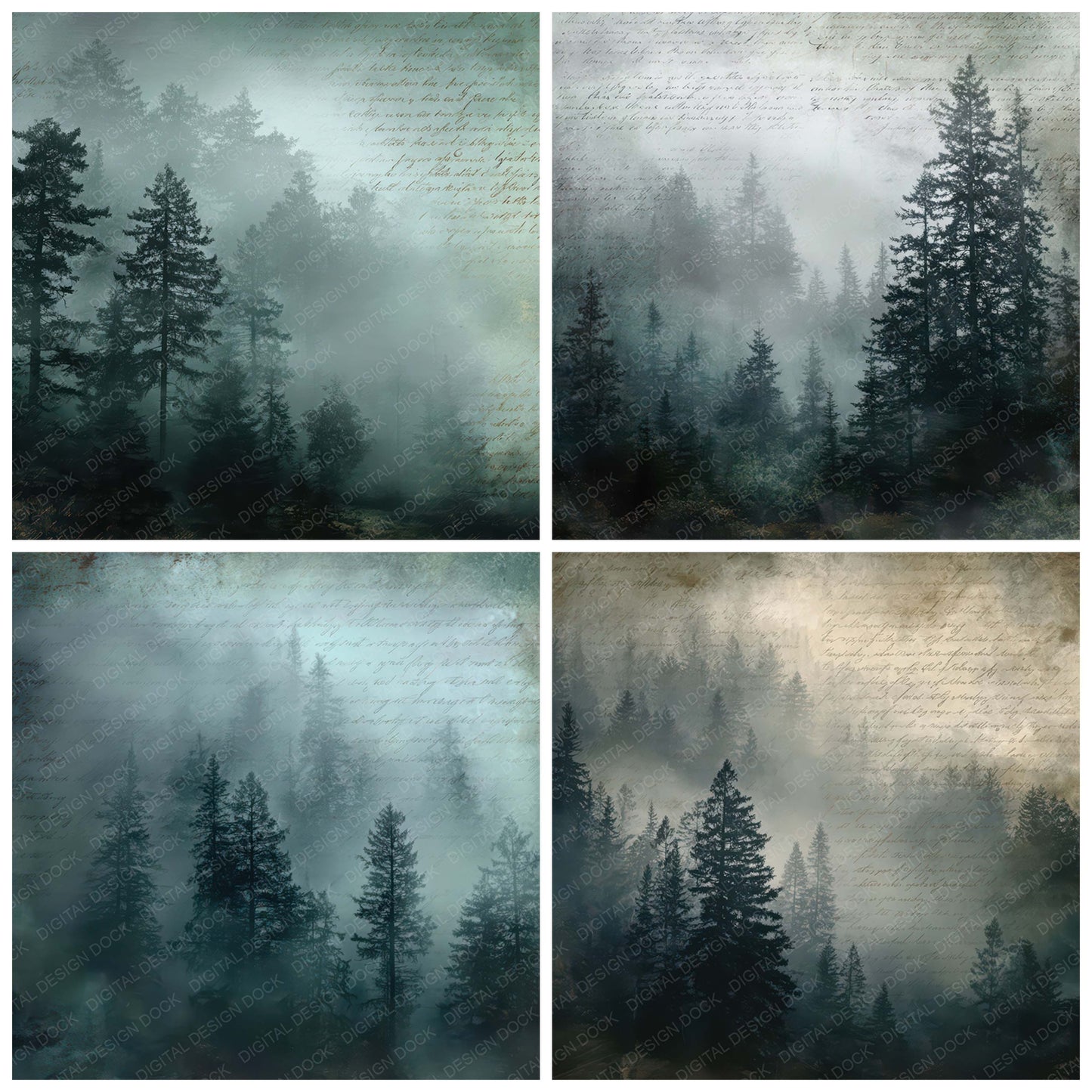 Preview layout showing Vintage Dark Fog Forest Scene papers arranged as background pages for junk journals and mixed media crafts