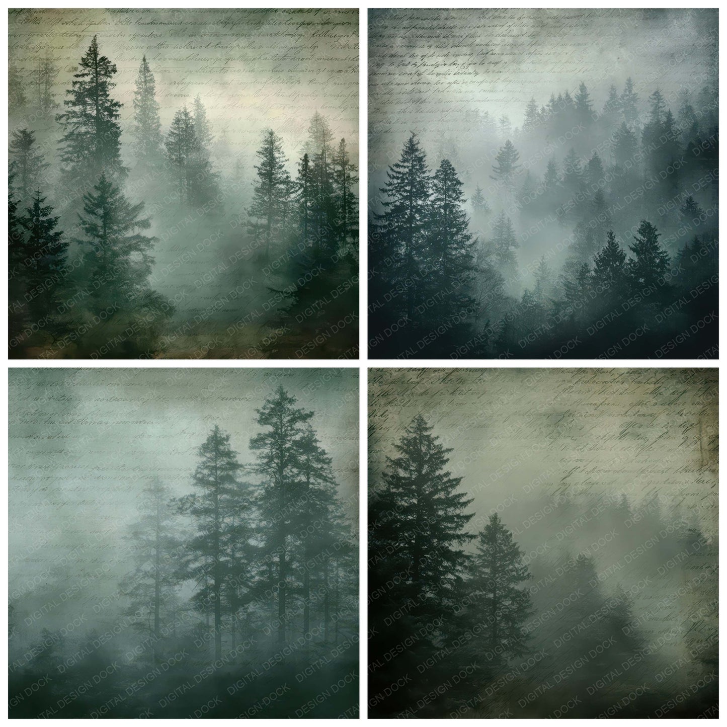 Close view of Vintage Dark Fog Forest Scene background papers highlighting collage composition and cohesive colour tones