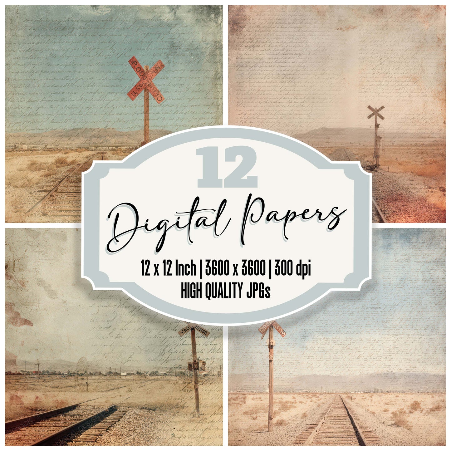 Vintage Desert Railway Crossing Scene digital paper pack designed for background pages in junk journaling and paper craft projects