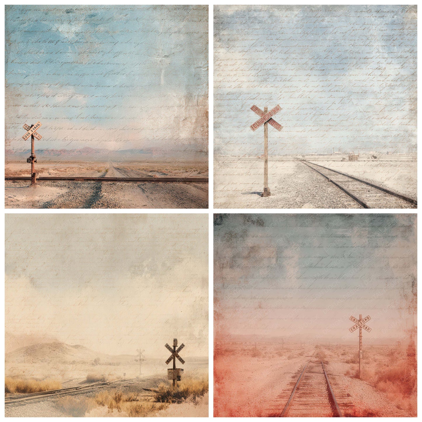 Preview layout showing Vintage Desert Railway Crossing Scene papers arranged as background pages for junk journals and mixed media crafts