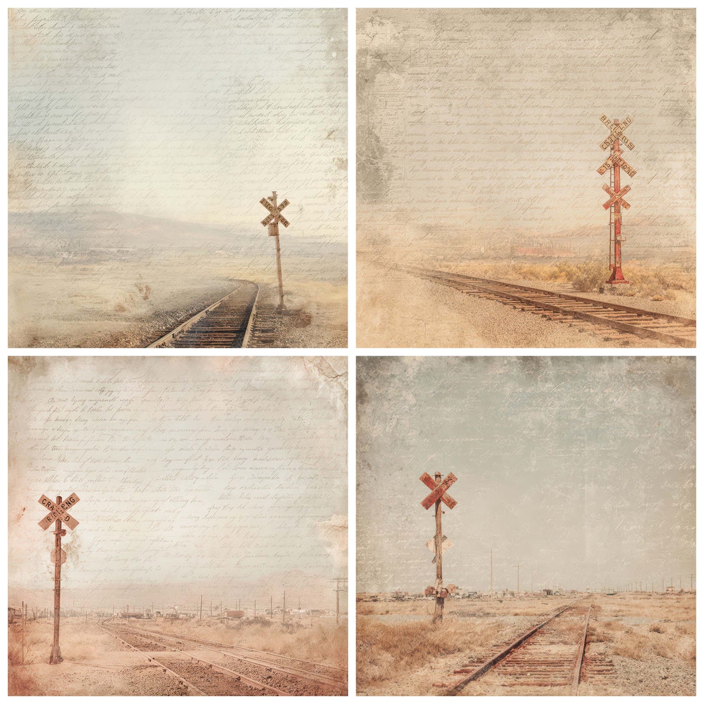 Close view of Vintage Desert Railway Crossing Scene background papers highlighting collage composition and cohesive colour tones