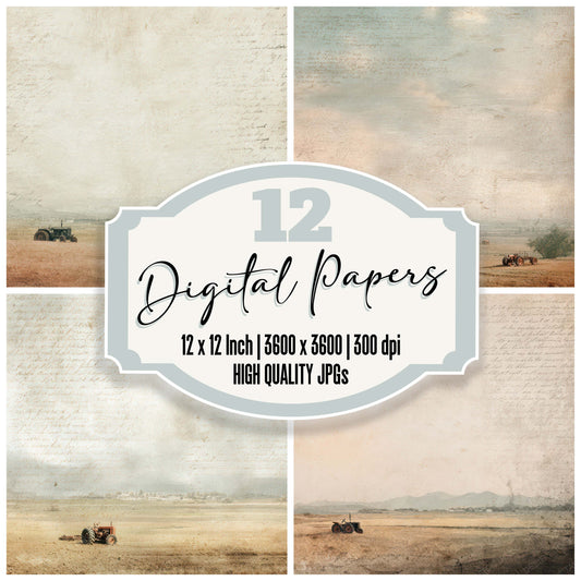 Vintage Farmland Tractor Scene digital paper pack designed for background pages in junk journaling and paper craft projects